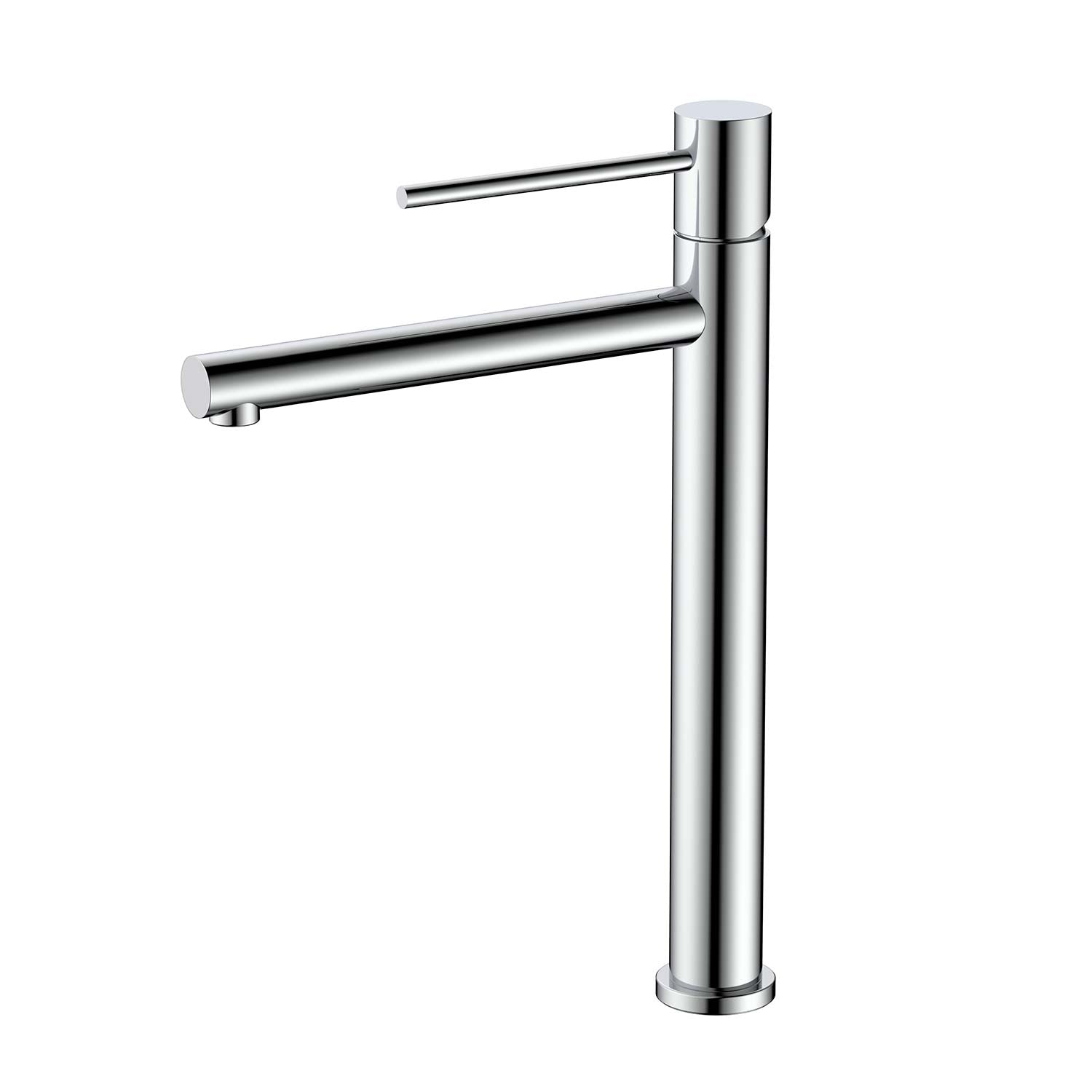 A modern single-handle bathroom faucet with a tall cylindrical column and a horizontal spout, finished in polished chrome, shown against a plain white background.