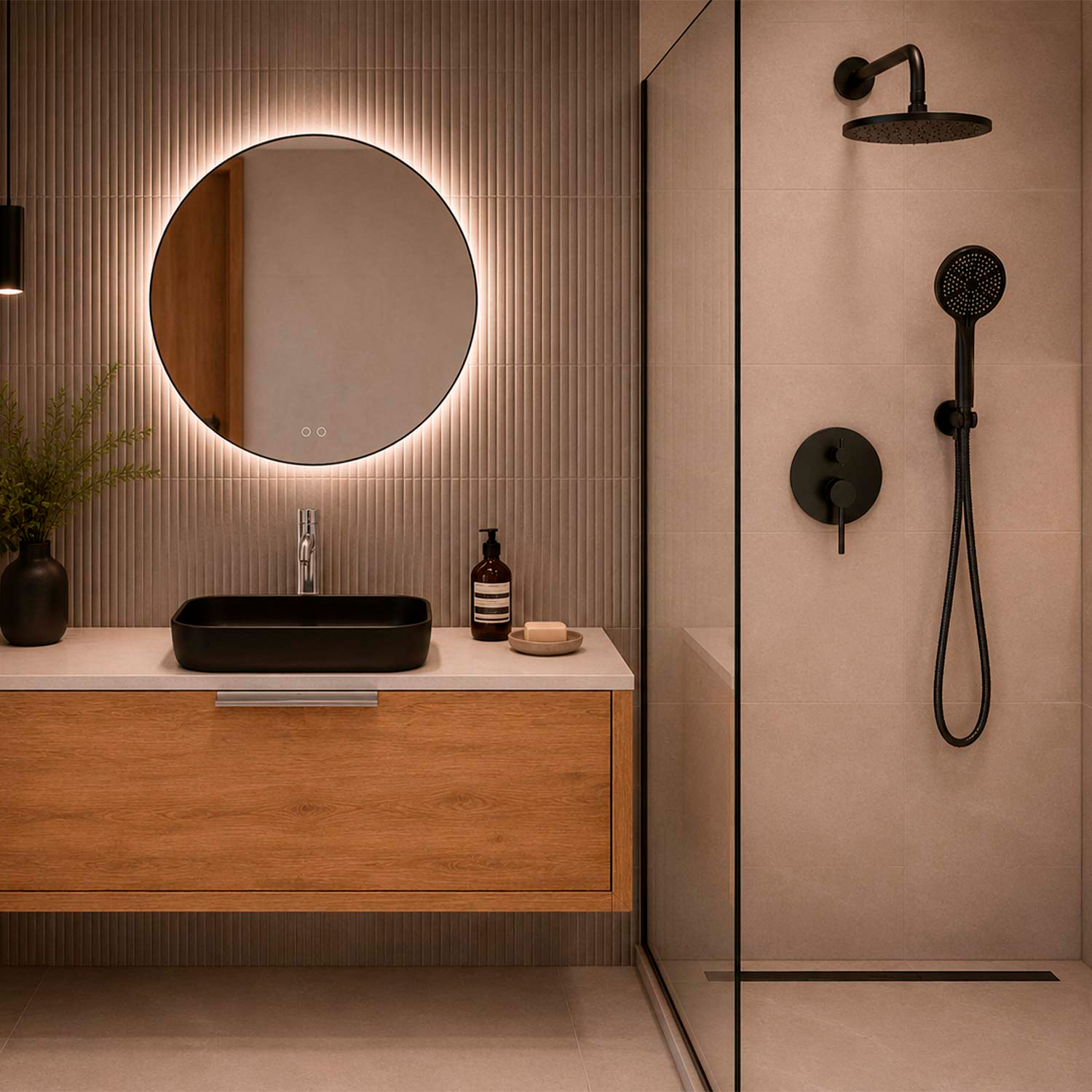 Modern bathroom interior with a floating wood vanity, black vessel sink, illuminated round mirror, and a glass-enclosed shower area with matte black shower fixtures.