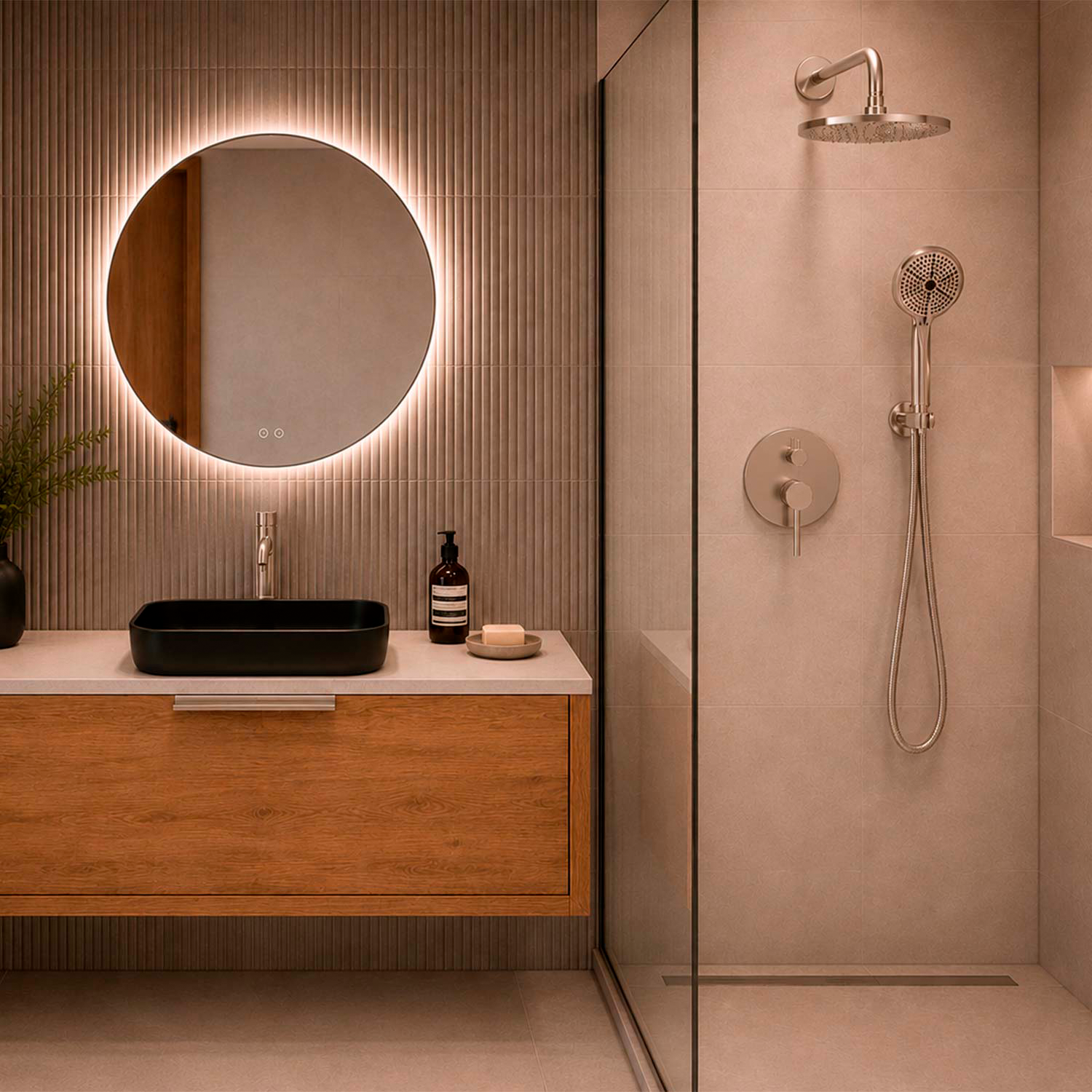 Modern bathroom interior with a wood floating vanity, black rectangular vessel sink, illuminated round mirror, glass shower door, and beige tiled walls and floor.