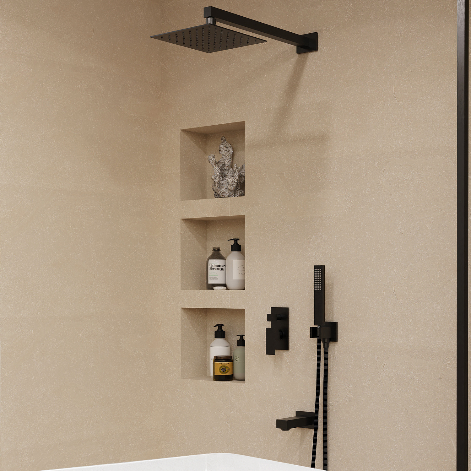 Shower setup with black shower head and handheld shower on beige wall with shelves holding bottles.