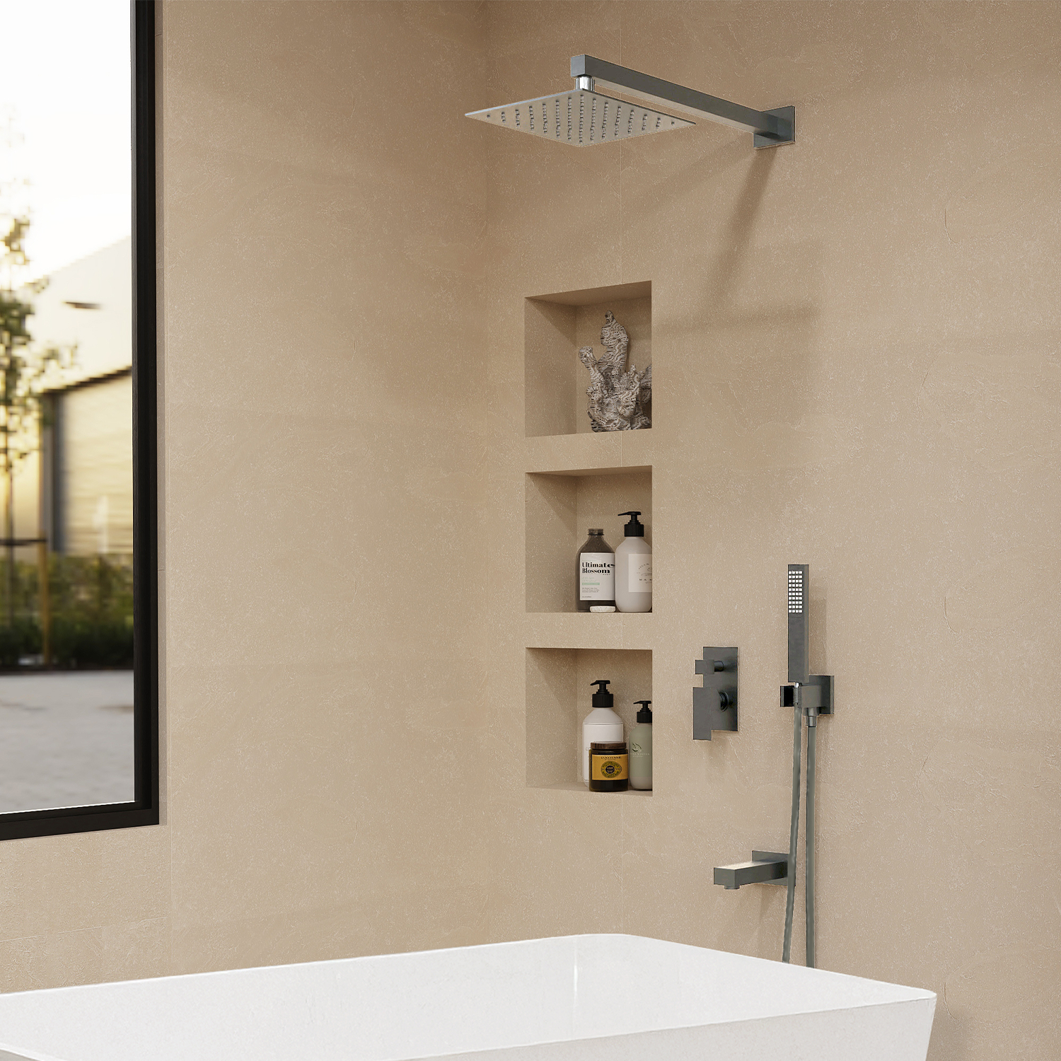 Bathroom with a shower setup, including a rain shower head and handheld shower, on a beige wall.