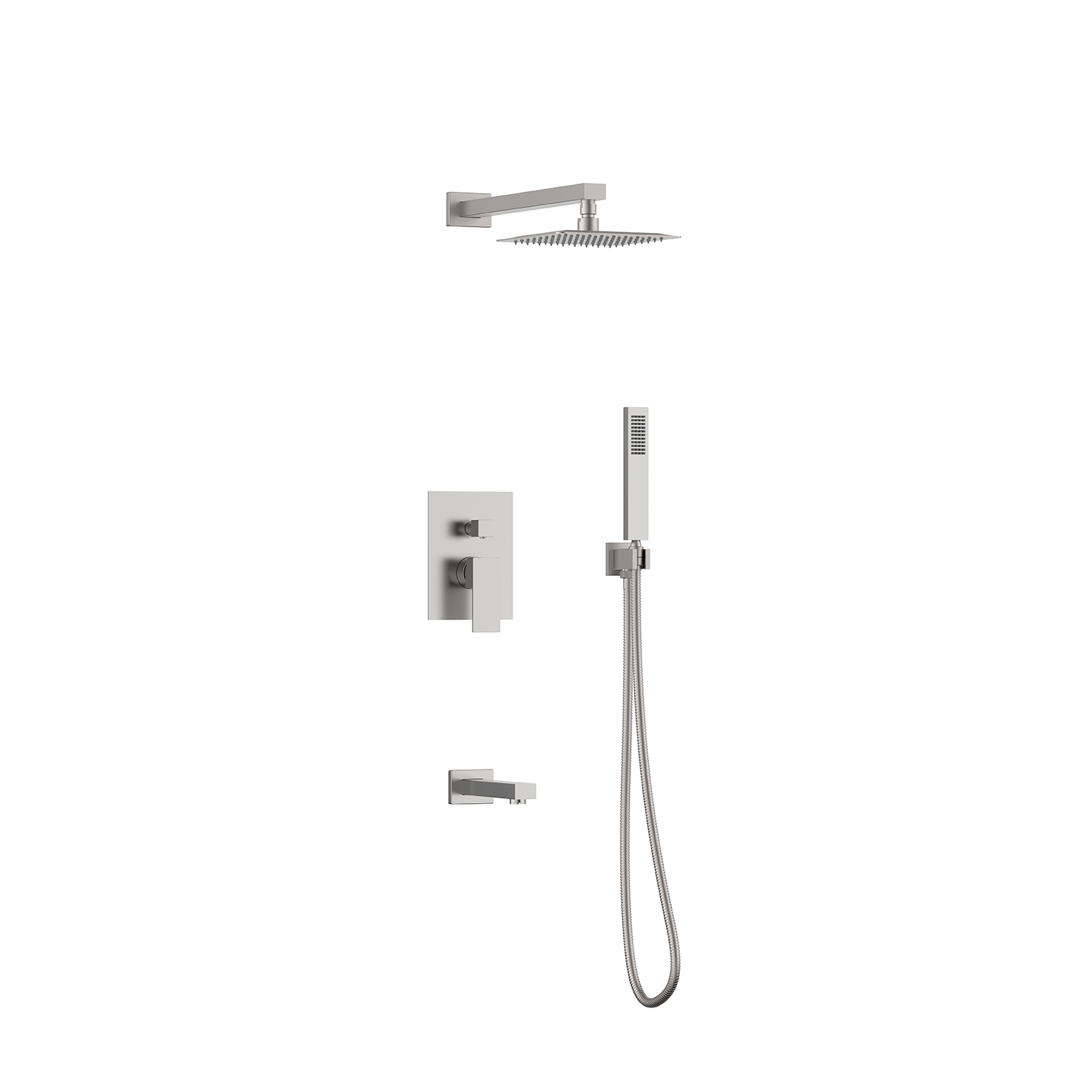 Chrome shower set with shower head, control valve, and handheld shower on a white background