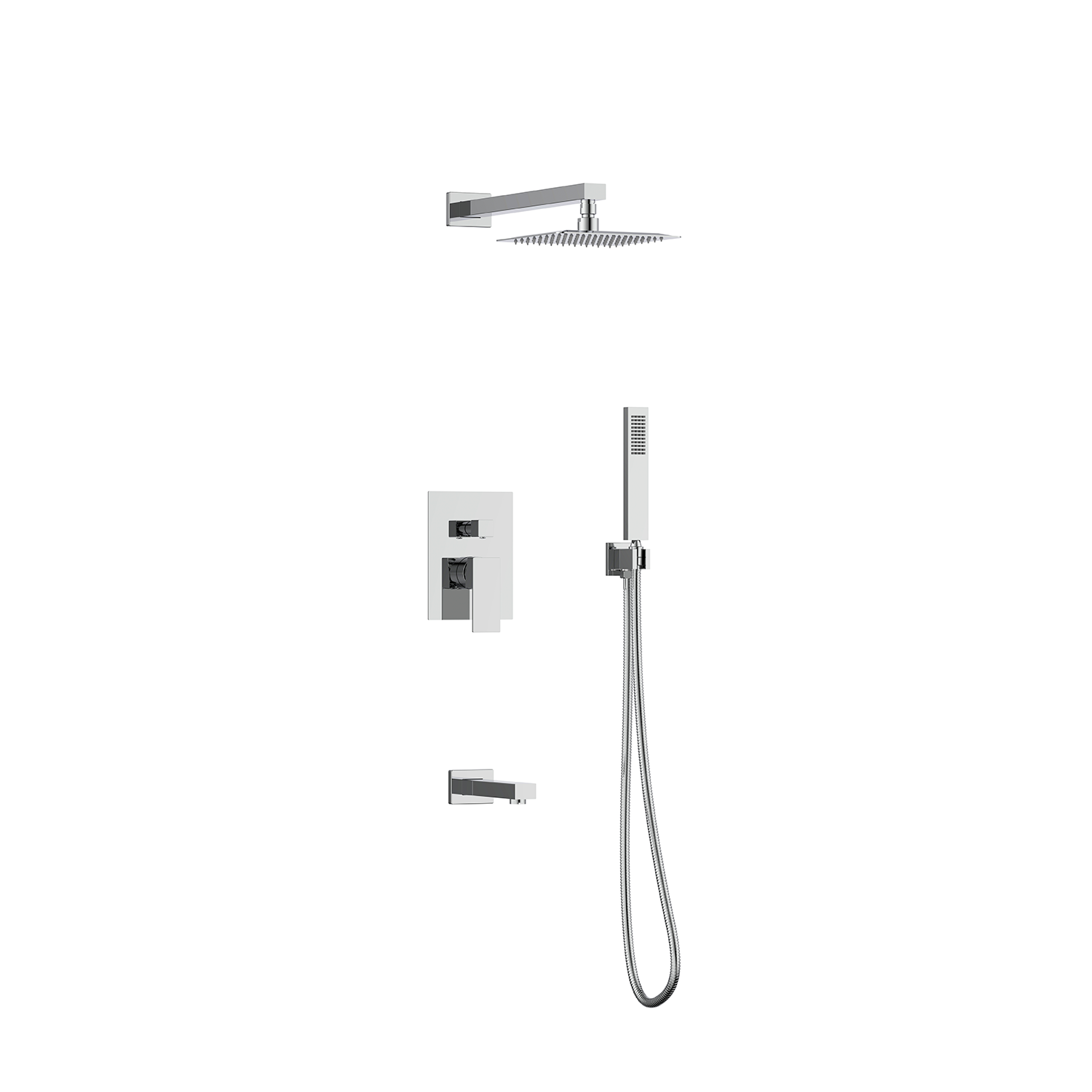 Chrome shower system with control panel, shower head, and handheld shower on a white background