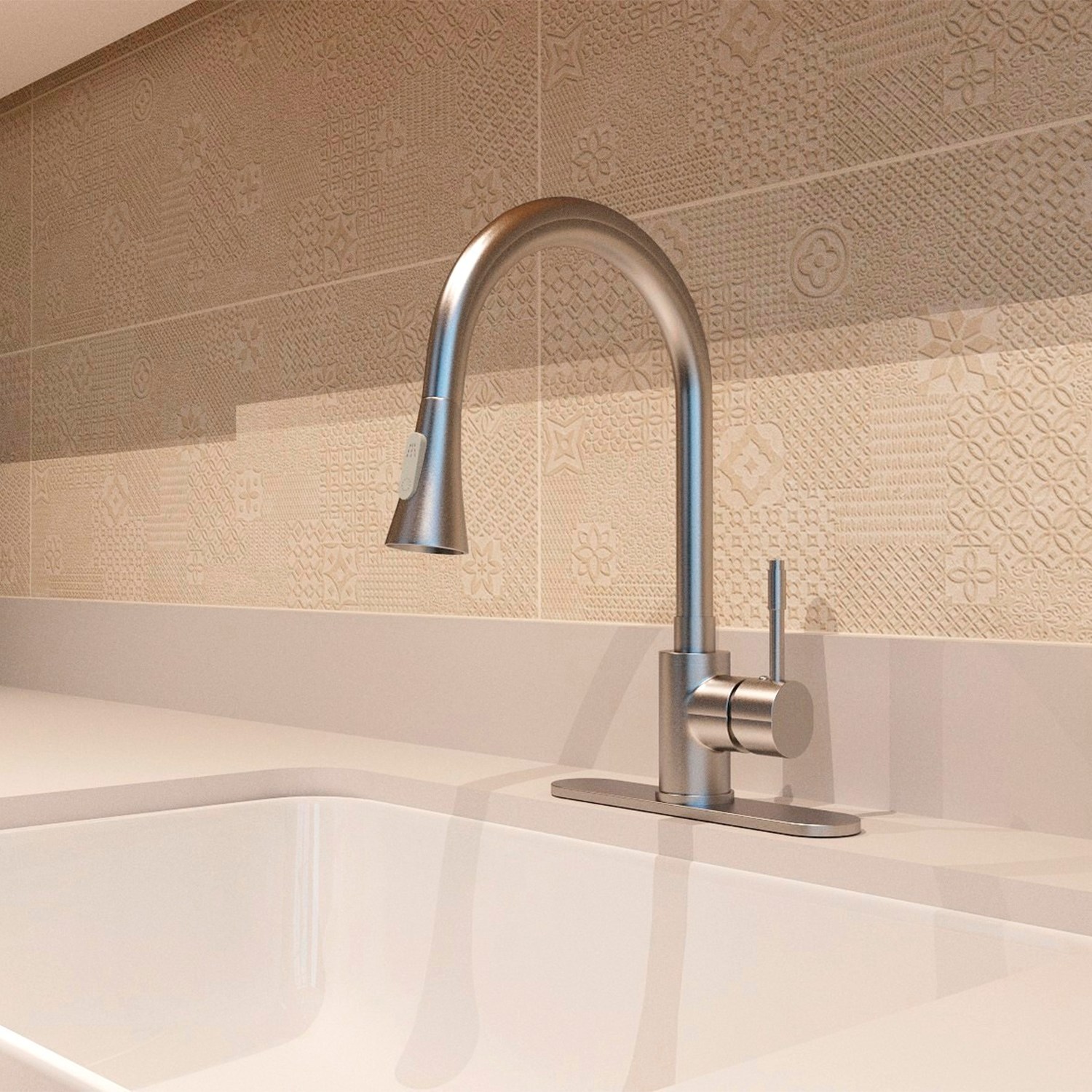 DAX Single Handle Pull Down Kitchen Faucet with Dual Sprayer and Deck Plate, Brushed Nickel Finish (DAX-8880)