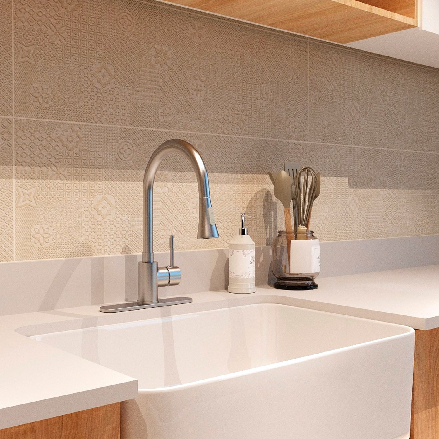 DAX Single Handle Pull Down Kitchen Faucet with Dual Sprayer and Deck Plate, Brushed Nickel Finish (DAX-8880)