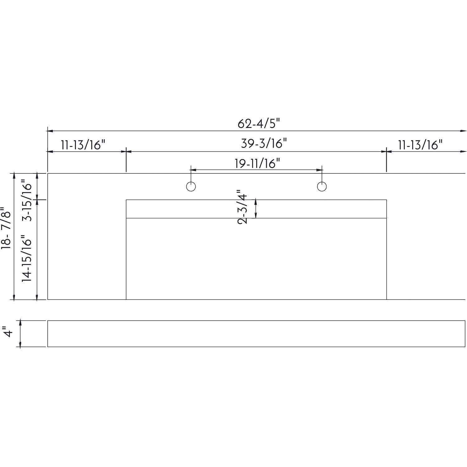 Technical drawing of a rectangular component with dimensions labeled