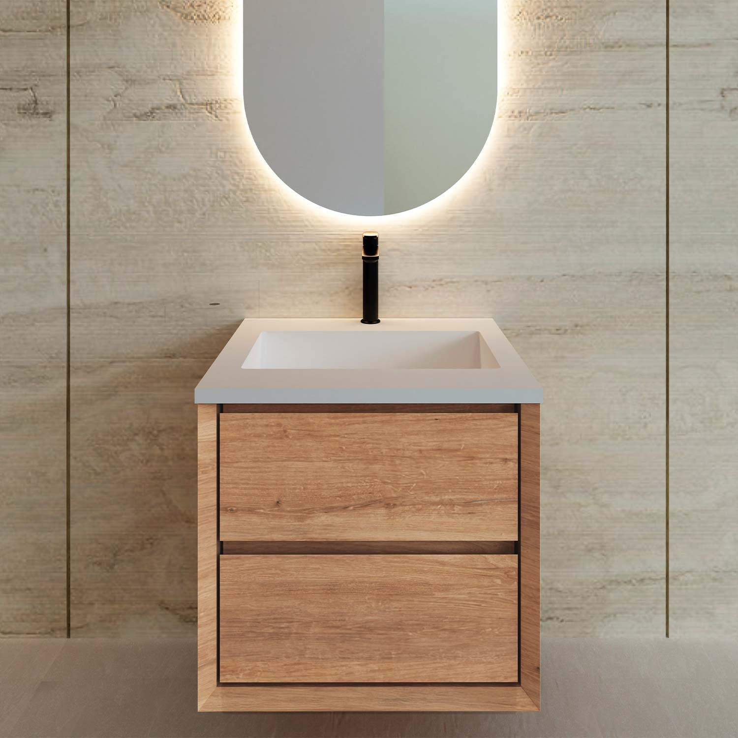 Bathroom vanity with wooden cabinet, white countertop, and illuminated mirror on a beige tiled wall.