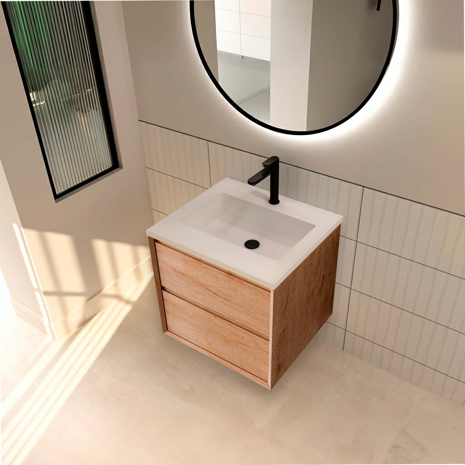 Bathroom vanity with wooden cabinet, white countertop, and round mirror with light fixture.