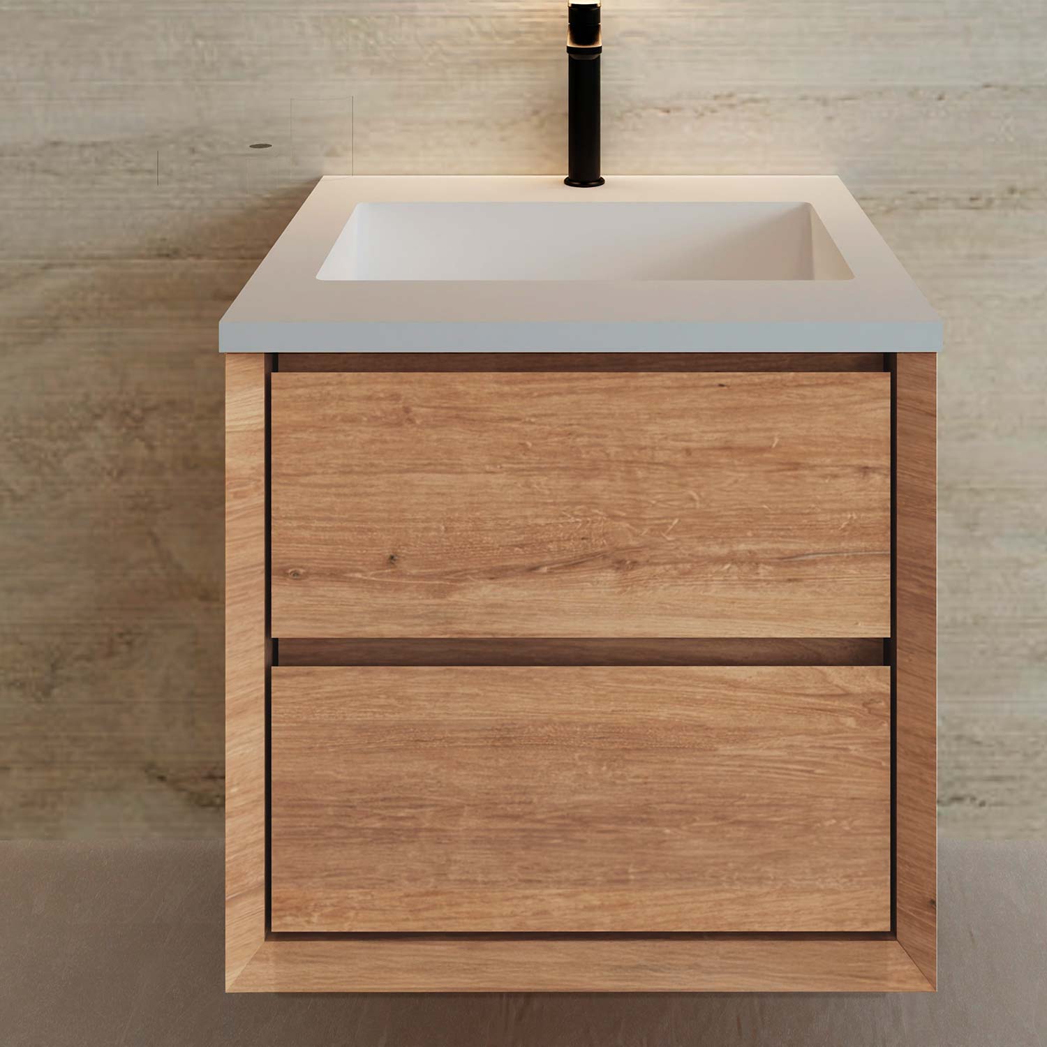 Bathroom vanity with wooden cabinet and white countertop against a beige tiled wall.