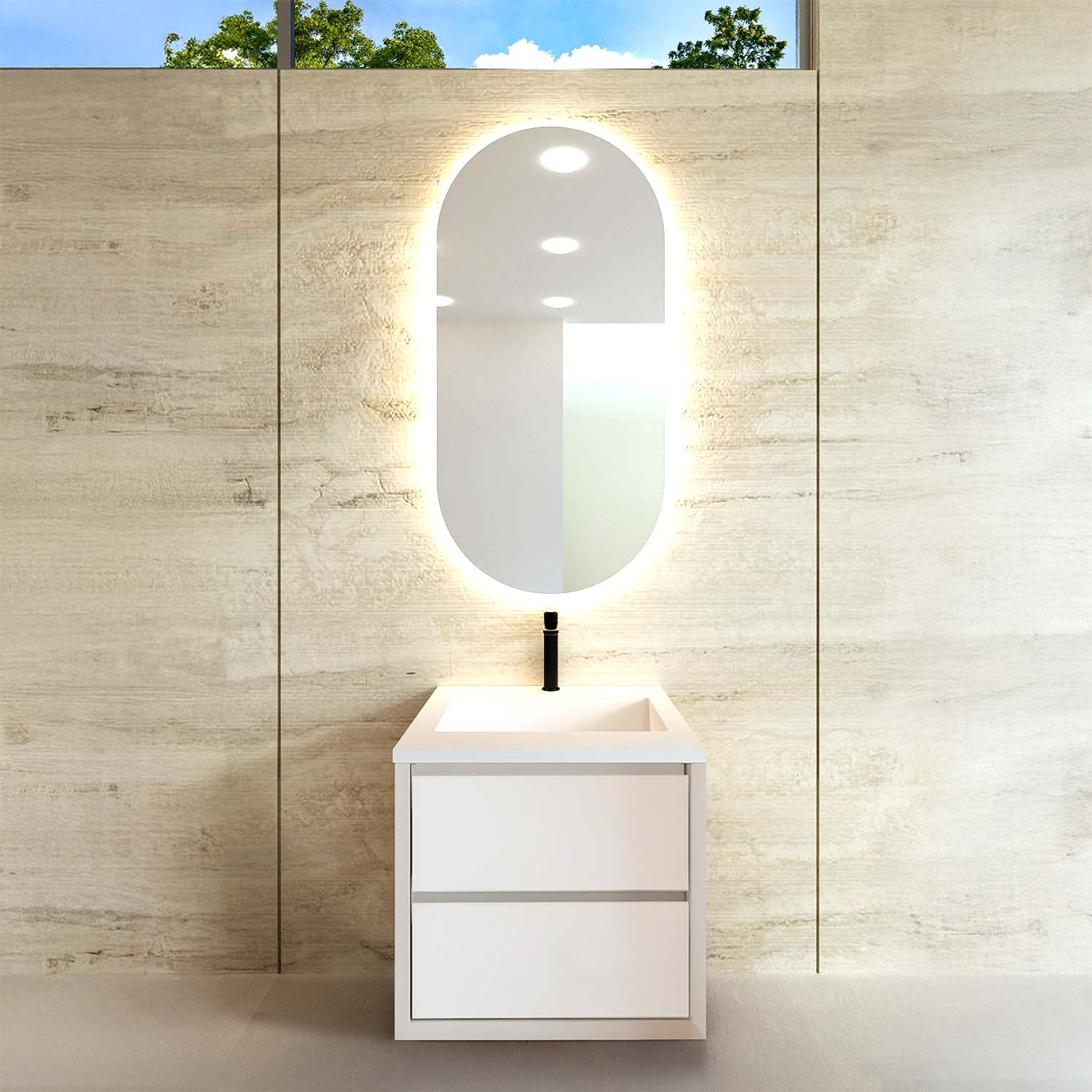 Bathroom vanity with illuminated mirror against a tiled wall
