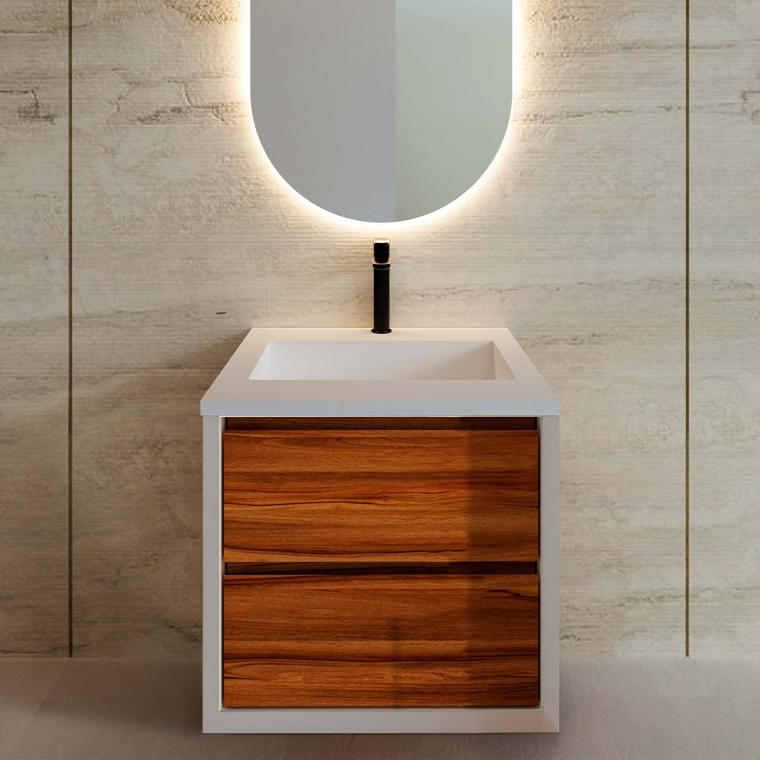 Bathroom vanity with wooden drawers and a mirror above it.