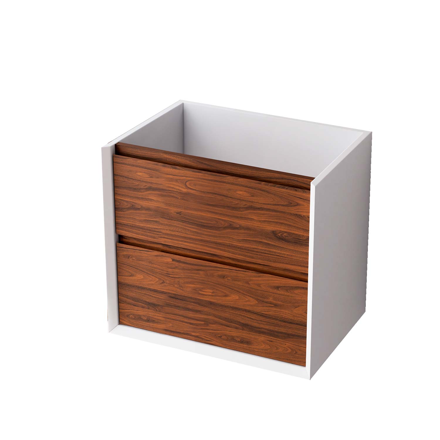 White cabinet with wooden drawers on a white background