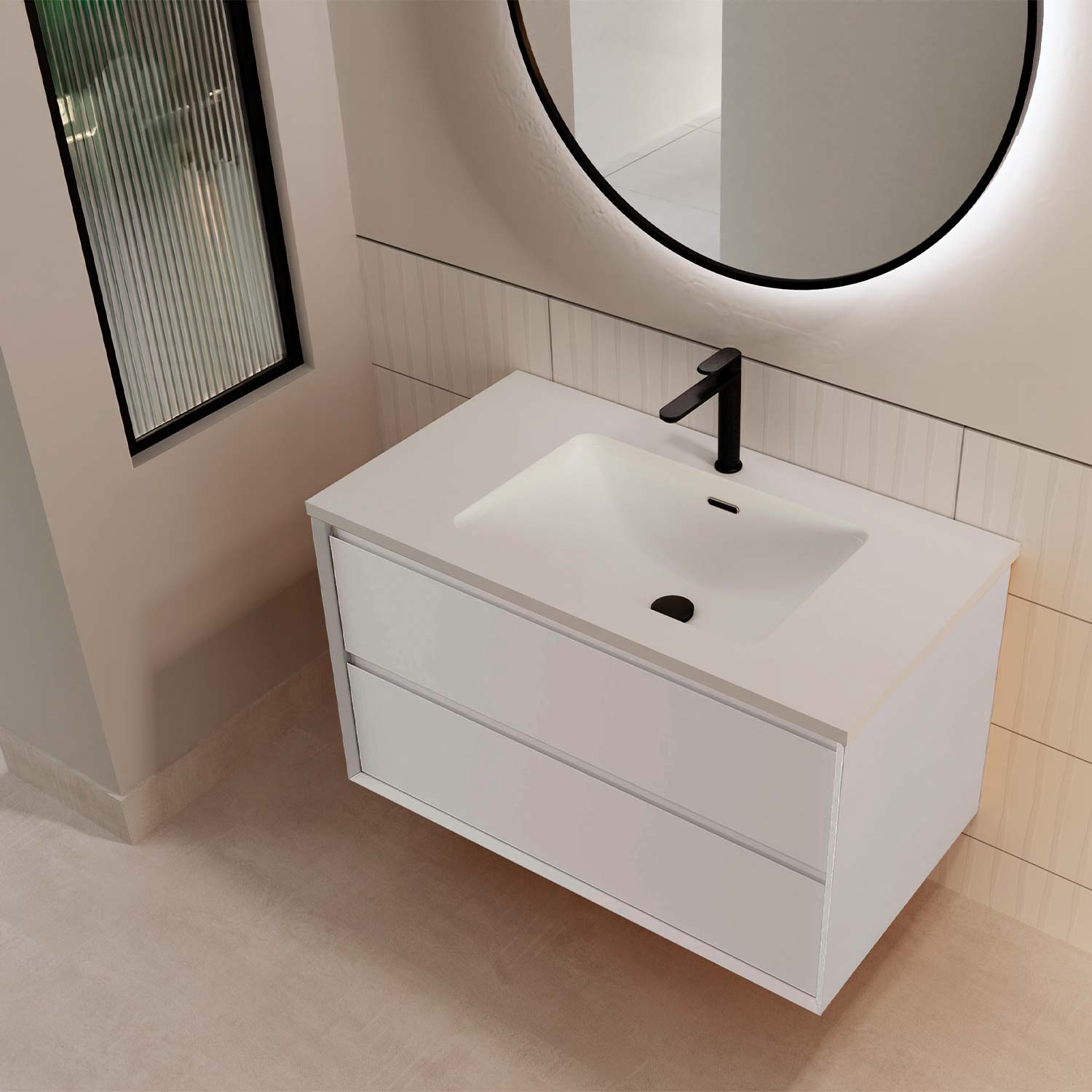 Bathroom vanity with white countertop and black faucet, illuminated round mirror above. basin onix is included