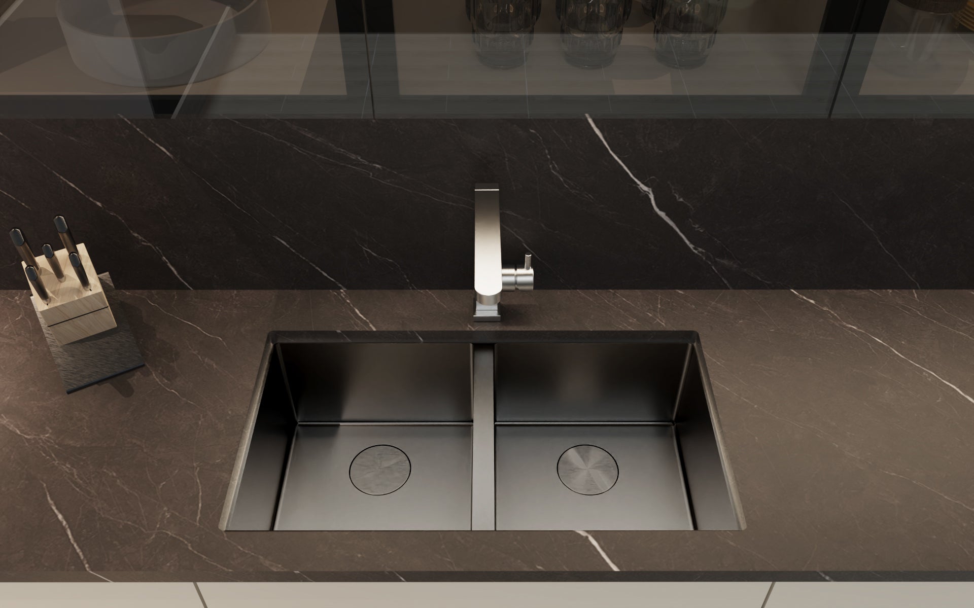 DAX Handmade Nanometre Double Bowl Undermount Kitchen Sink - Black Stainless Steel 304 - 32 x 18 (DX-NB3218-R10-X).