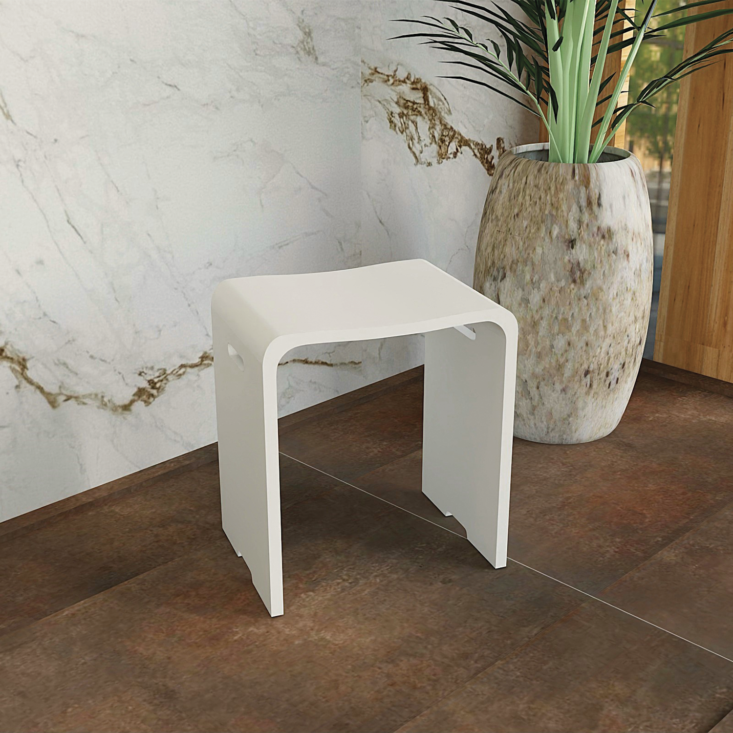 A matte white finish solid surface bathroom stool with handles, placed on a floor with a marble-like pattern in the background. Order now at www.daxib.com