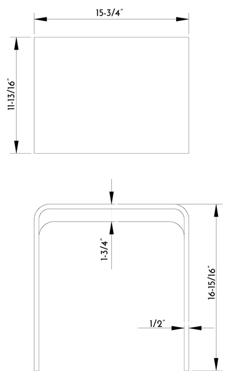 Technical drawing of a rectangular component with dimensions labeled