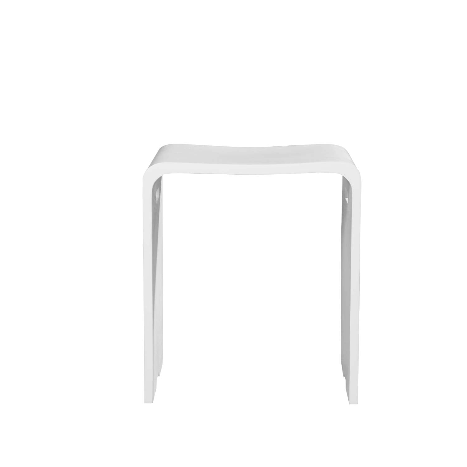 A matte white finish solid surface bathroom stool with handles, placed on a floor with a marble-like pattern in the background. Order now at www.daxib.com
