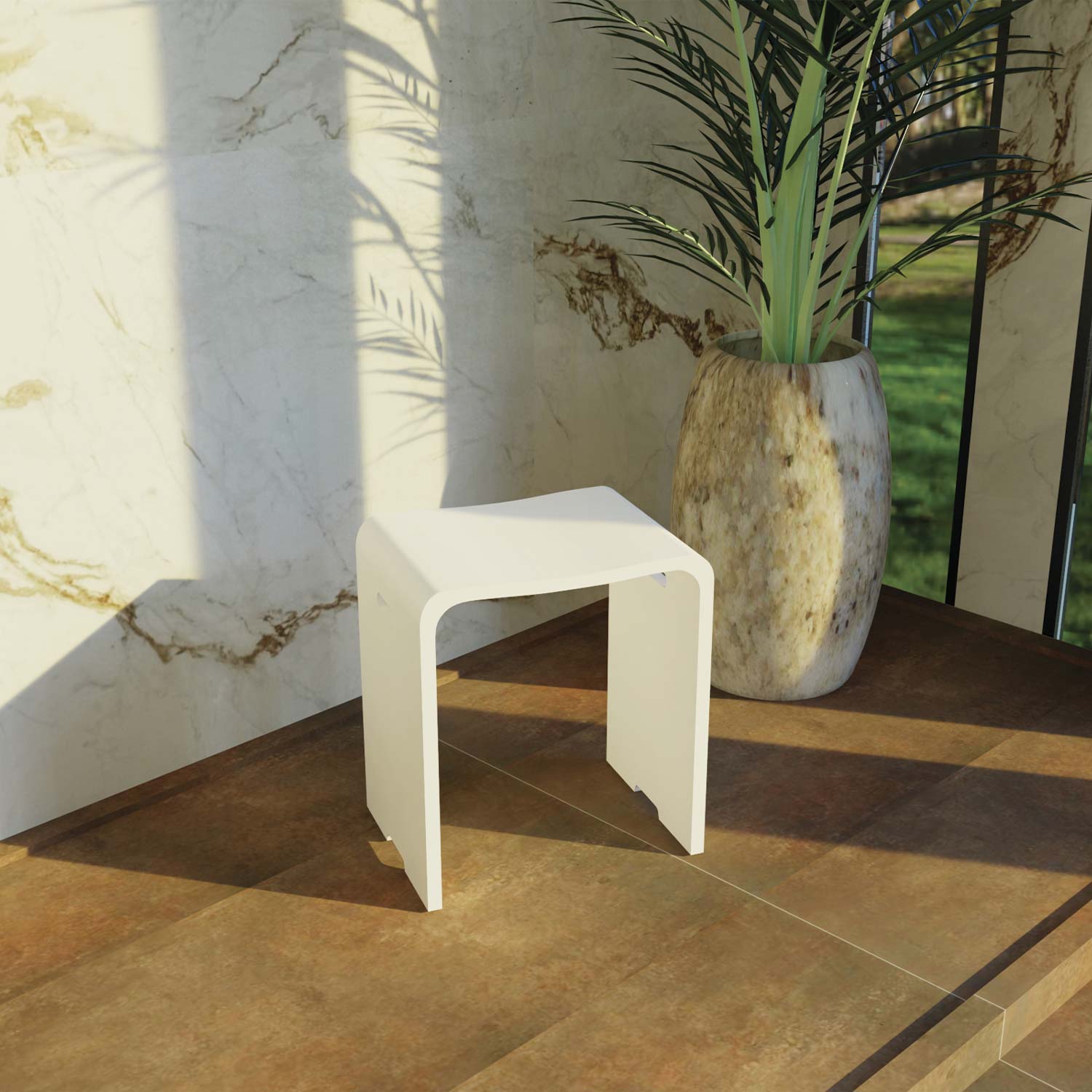 A matte white finish solid surface bathroom stool with handles, placed on a floor with a marble-like pattern in the background. Order now at www.daxib.com
