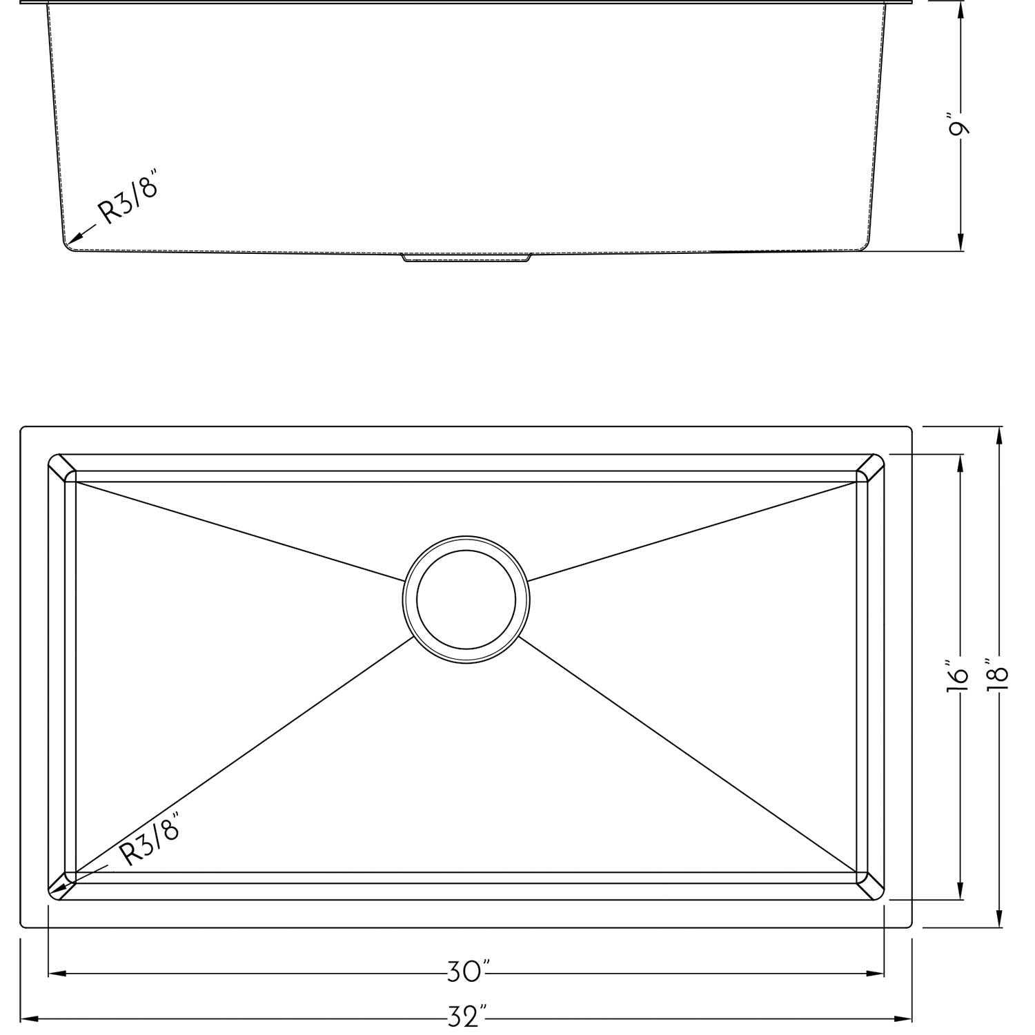DAX Single Bowl Undermount Kitchen Sink R-10 -32" x 18" - (DAX-T3318-R10)
