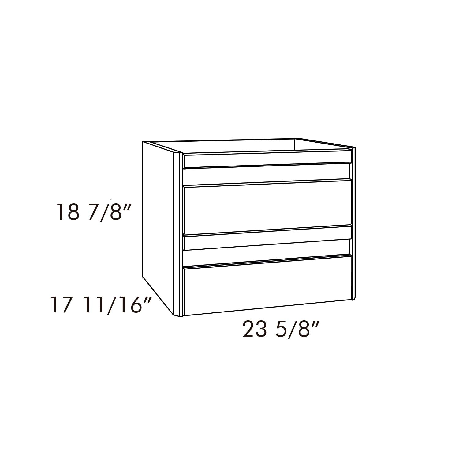 Dimensions of a cabinet with measurements labeled on a white background