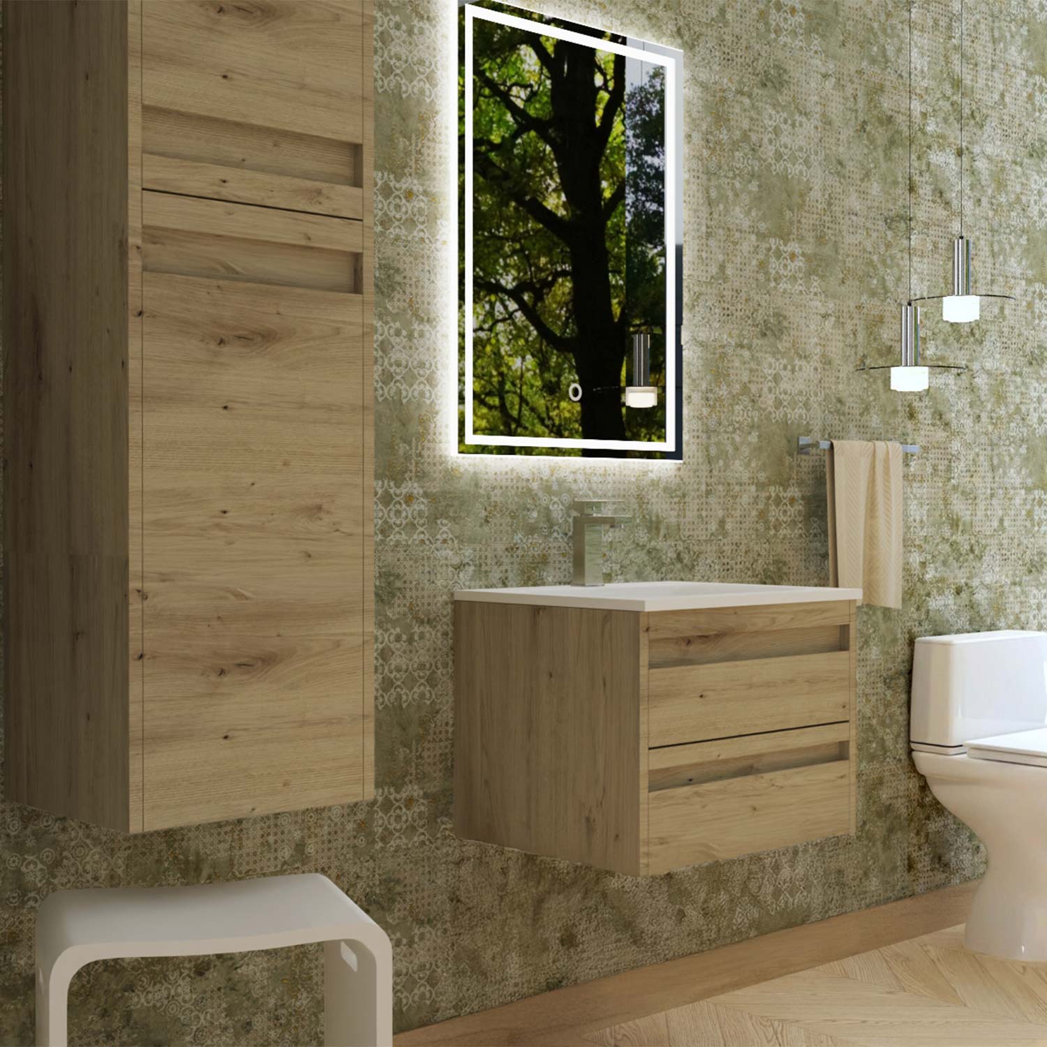 Bathroom with wooden vanity, mirror, and toilet against a green tiled wall.