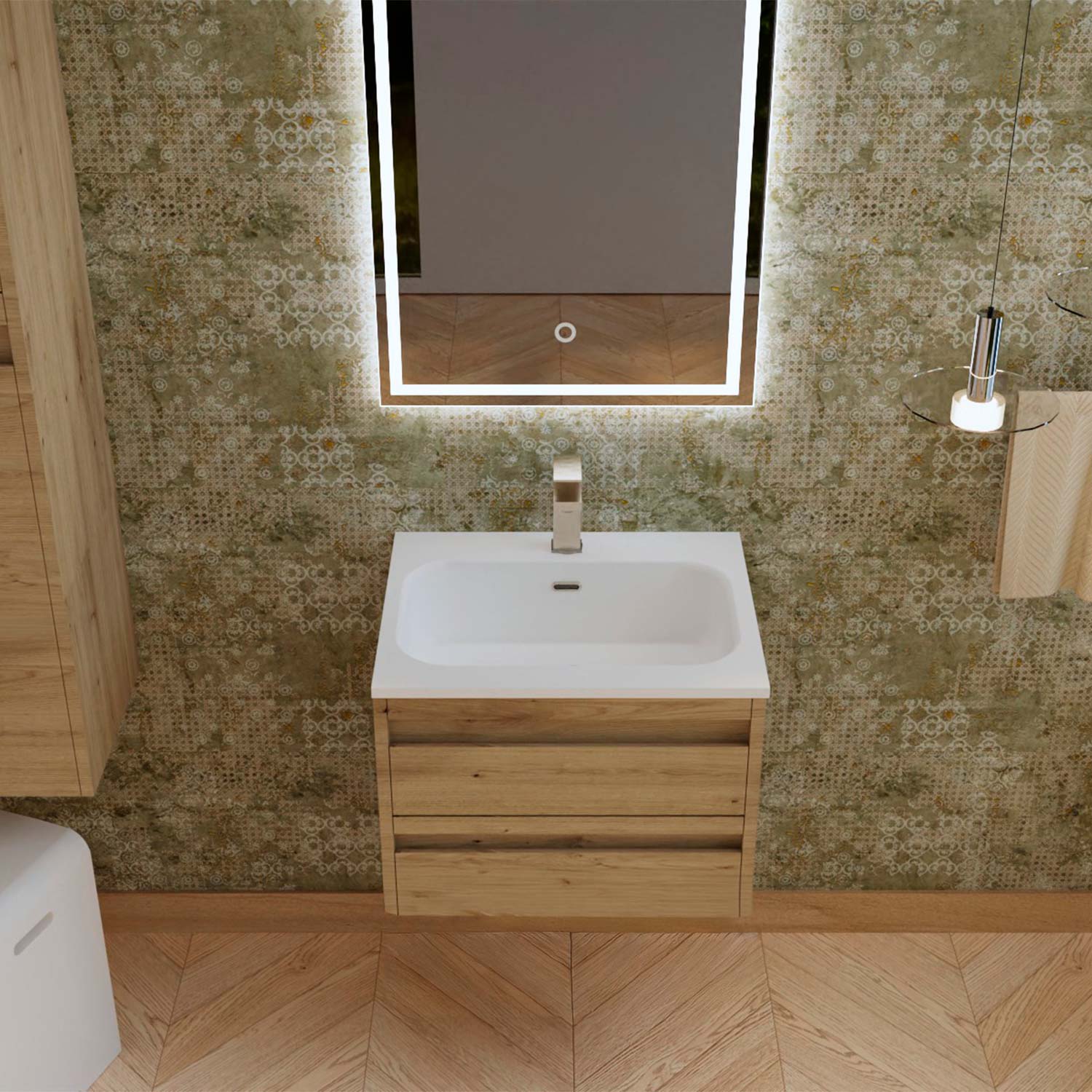 Bathroom with wooden vanity, sink, and illuminated mirror against a textured wall.