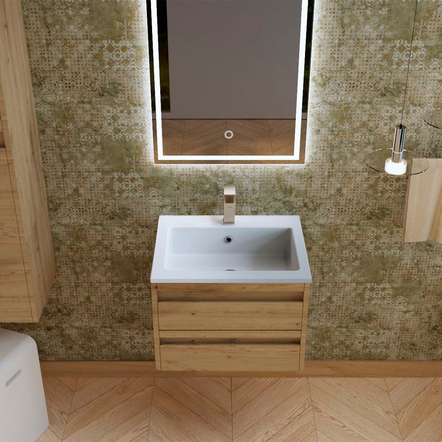 Bathroom with wooden vanity, sink, and mirror with lighting fixture.