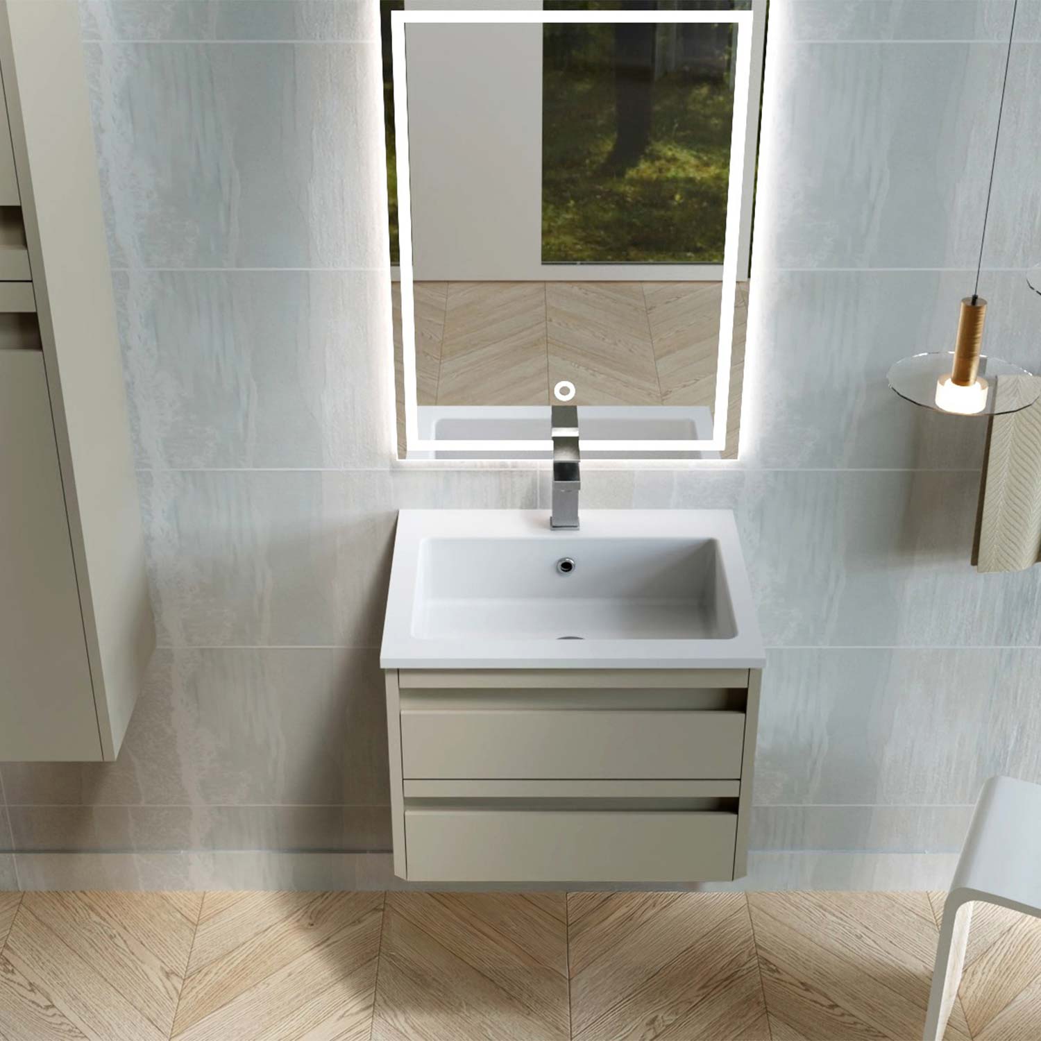 Bathroom vanity with sink and mirror in a tiled bathroom