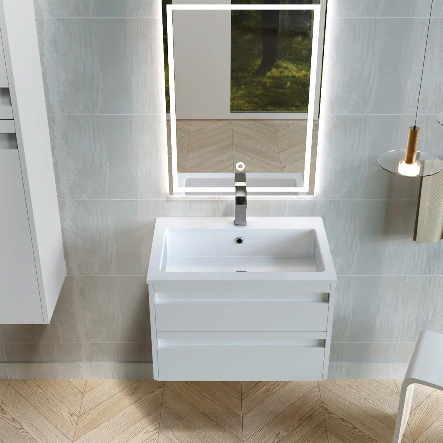 Bathroom vanity with sink and mirror in a tiled bathroom