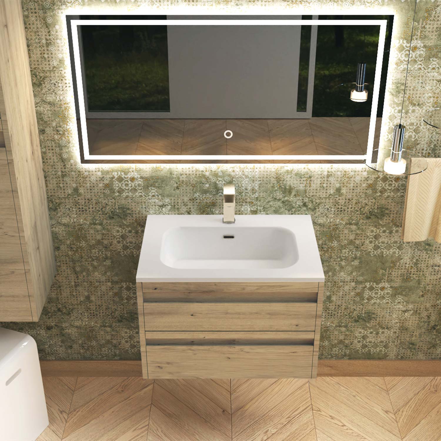Bathroom vanity with sink and mirror in a modern bathroom setting