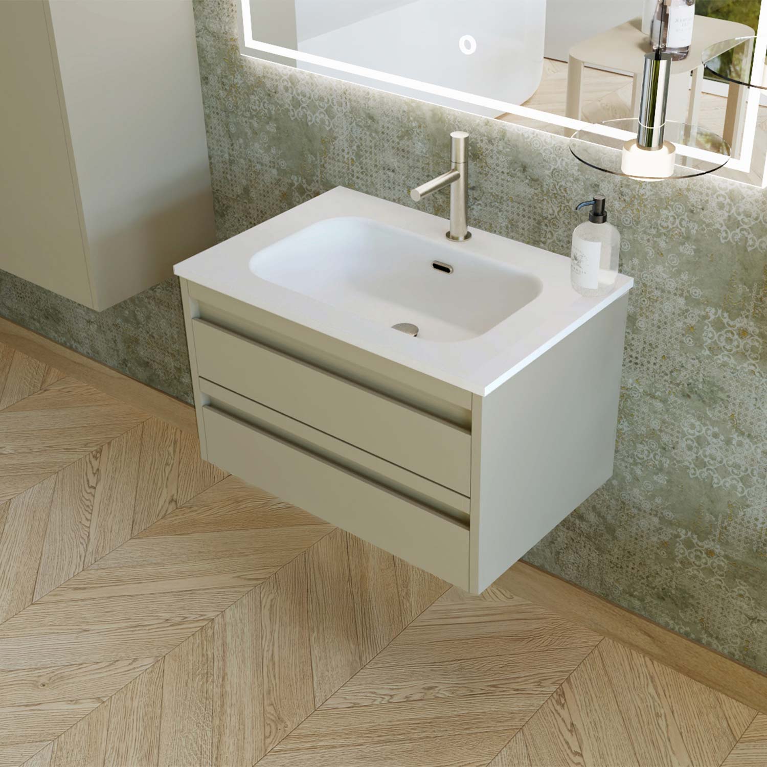 Bathroom vanity with sink and mirror in a modern bathroom setting