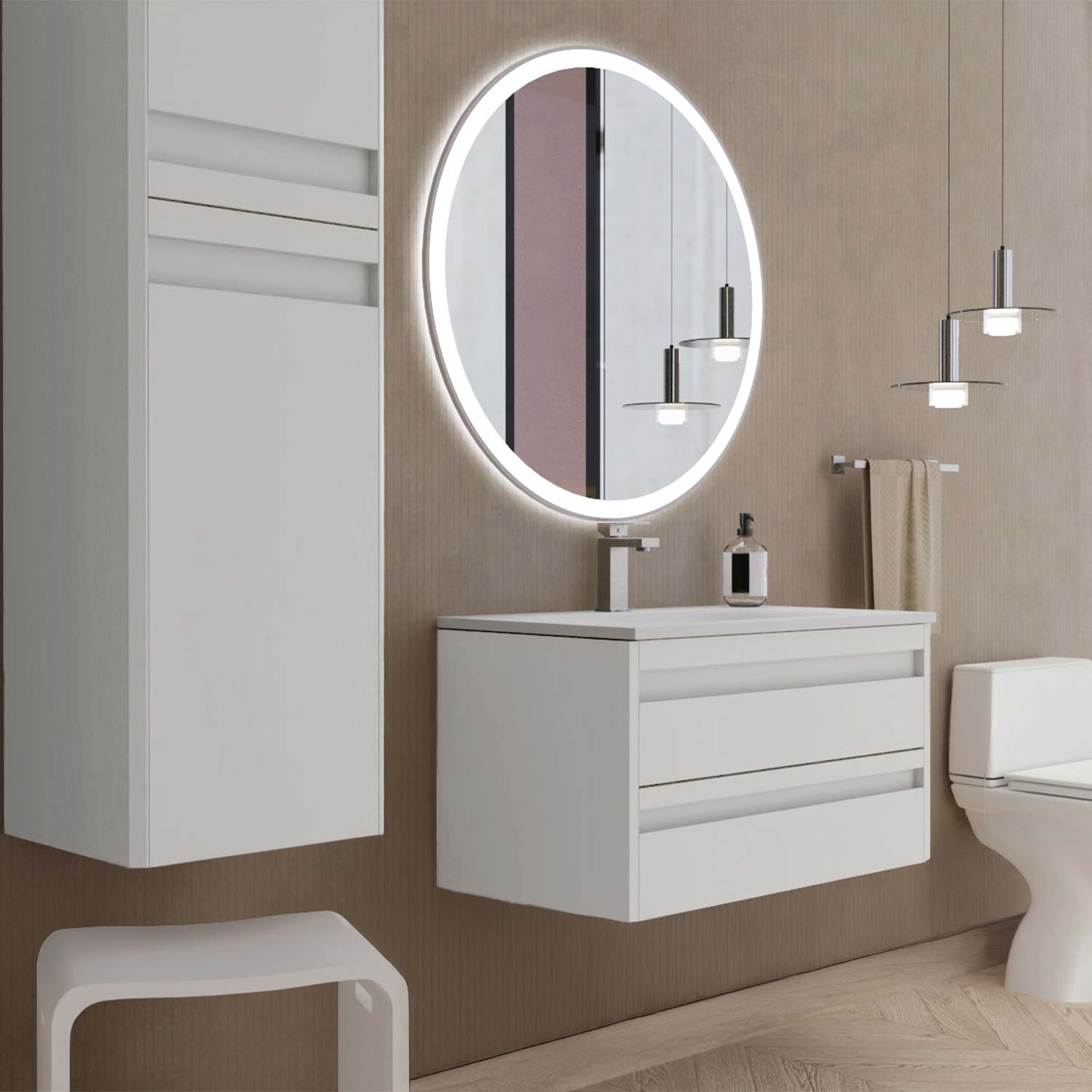 Bathroom setup with a white vanity, round mirror with lights, and toilet.