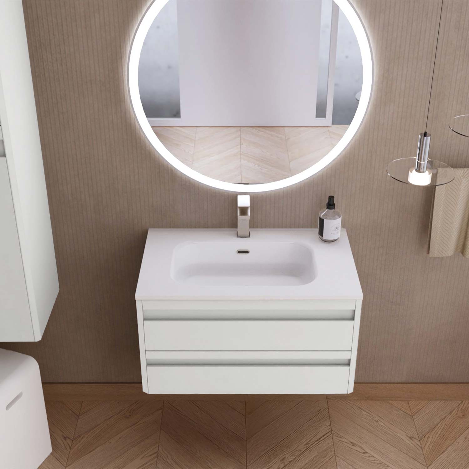 Bathroom vanity with sink and round illuminated mirror on a wooden floor.