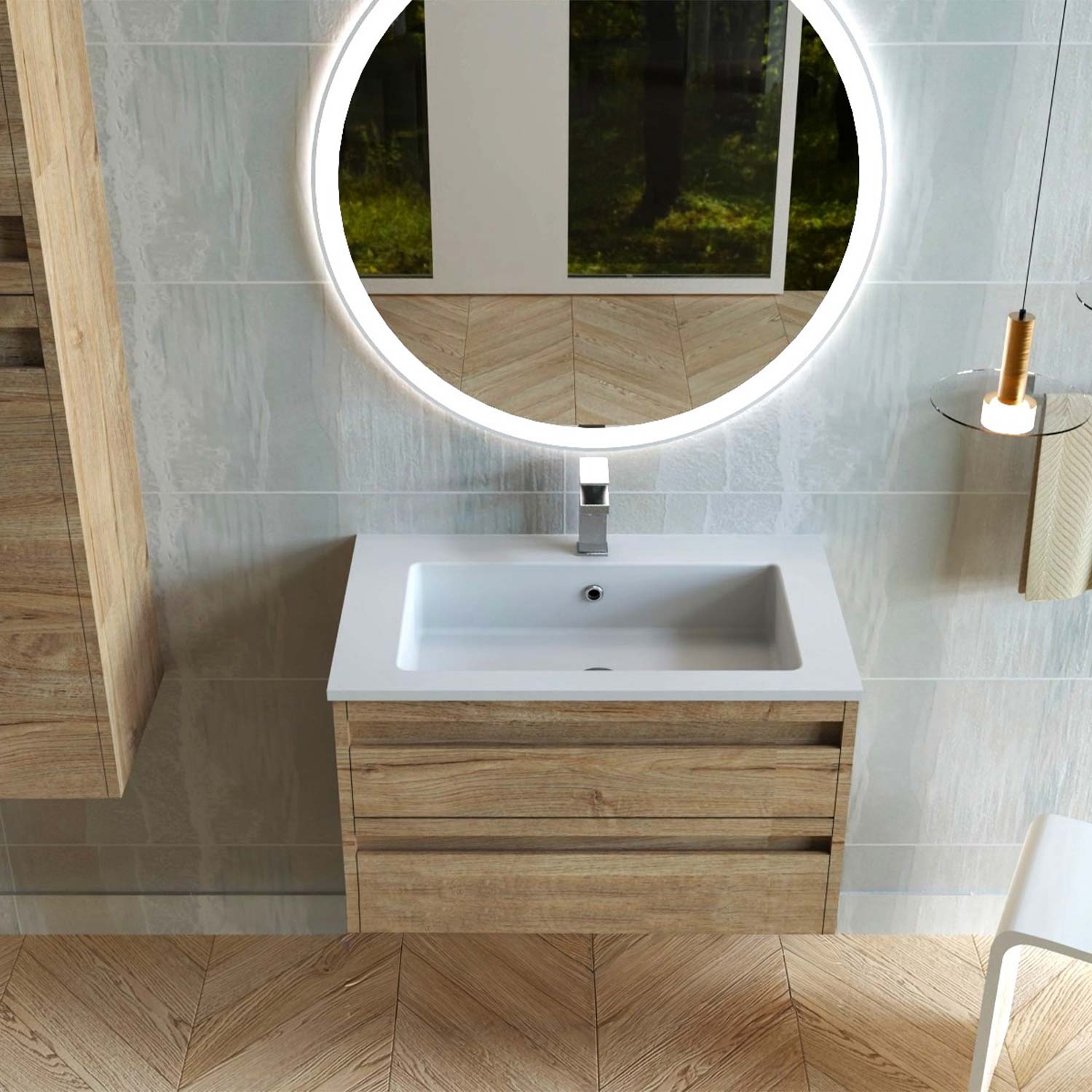 Bathroom vanity with a round illuminated mirror and wooden cabinet.