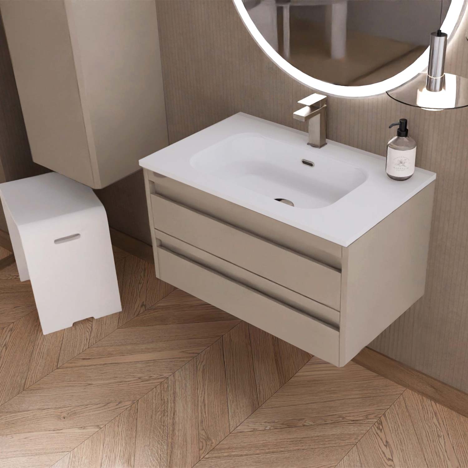 Bathroom vanity with sink and mirror on a wooden floor