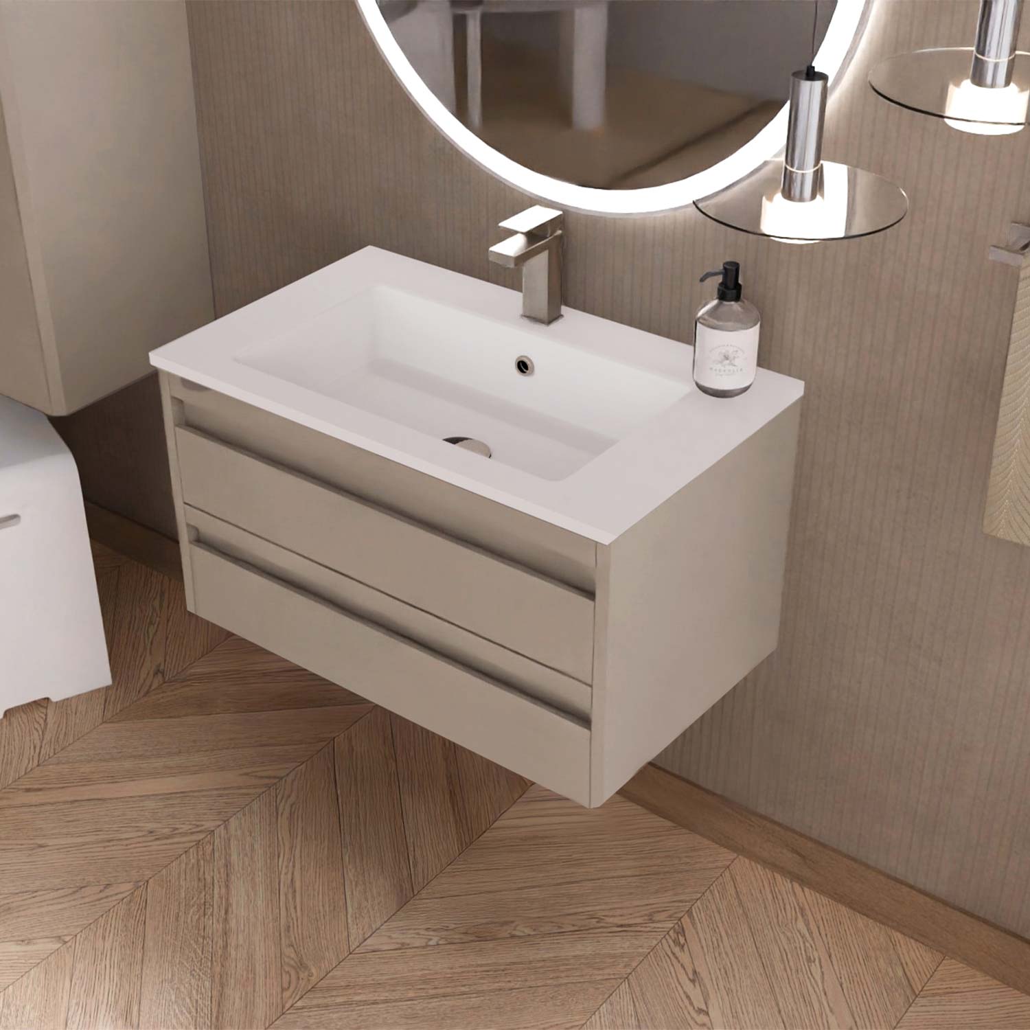Bathroom vanity with sink and mirror in a modern bathroom setting