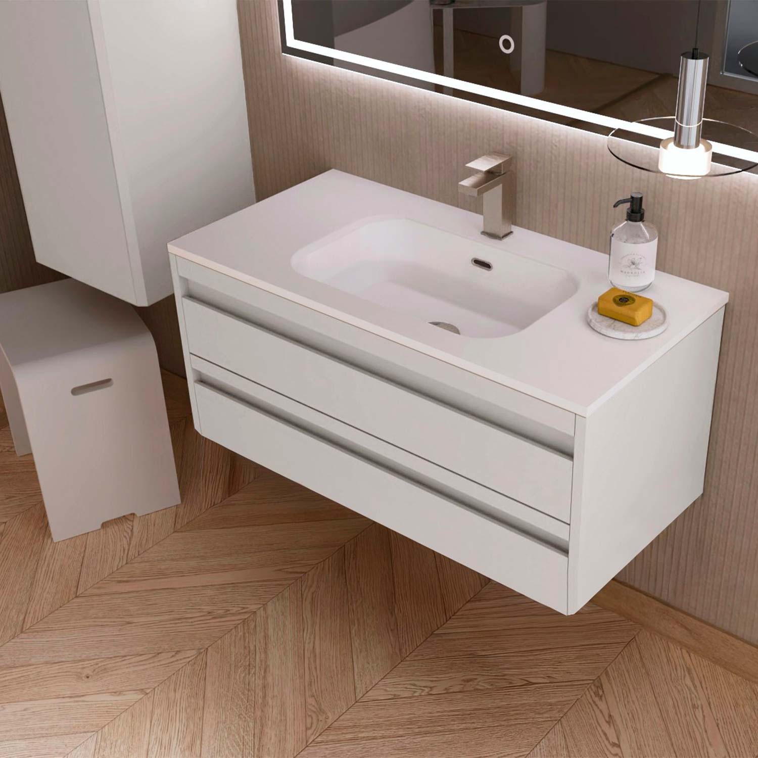 Modern bathroom vanity with sink and mirror in a well-lit room.