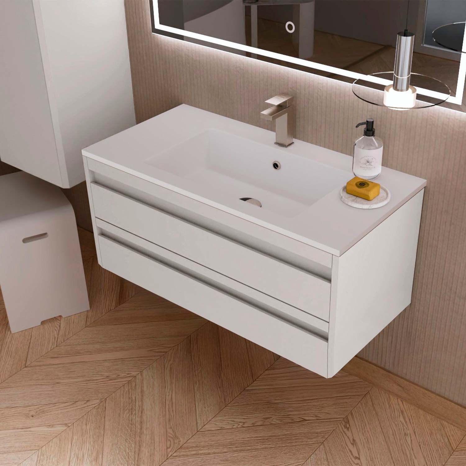 Bathroom vanity with sink and mirror in a modern bathroom setting