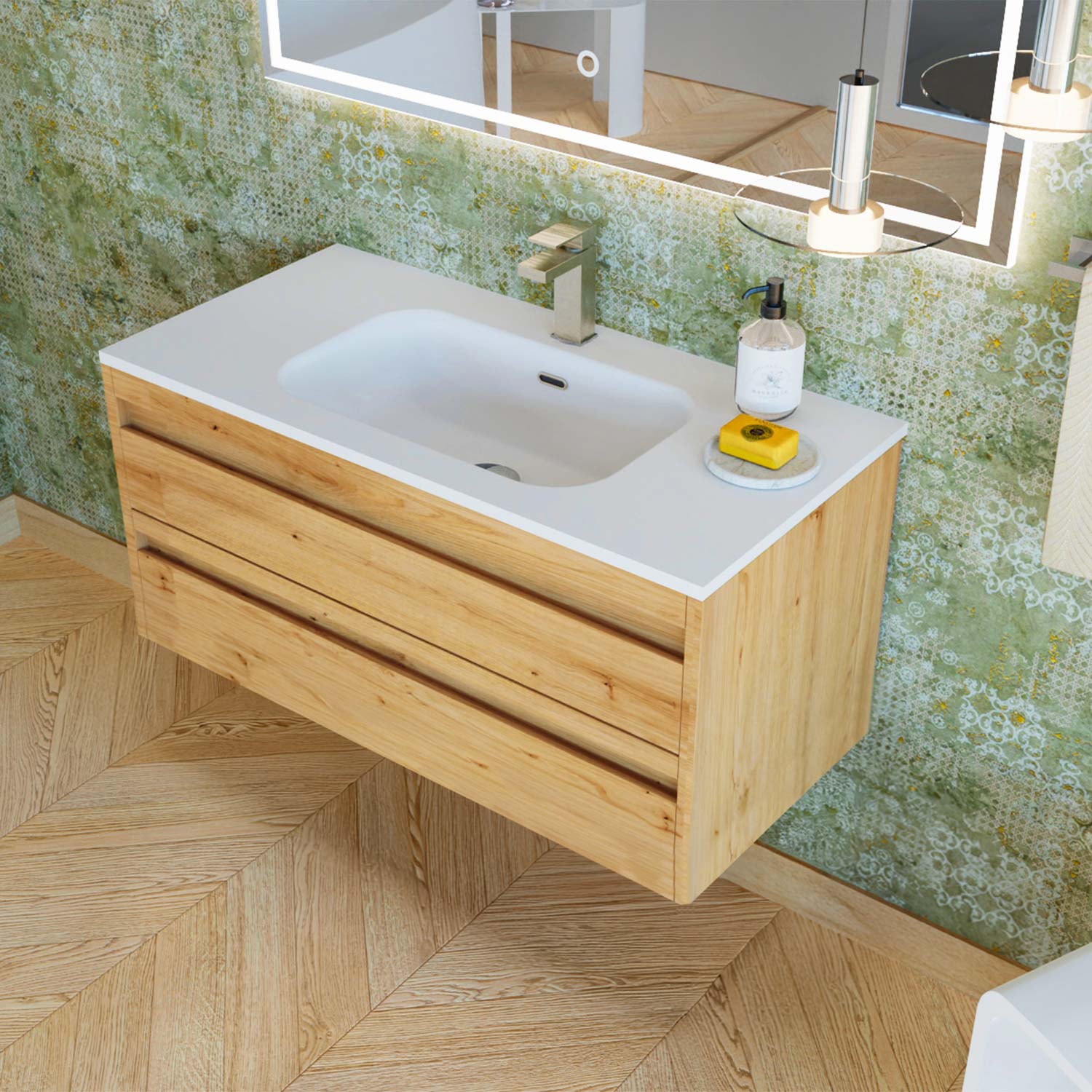Bathroom vanity with wooden cabinet and white countertop against a green tiled wall.