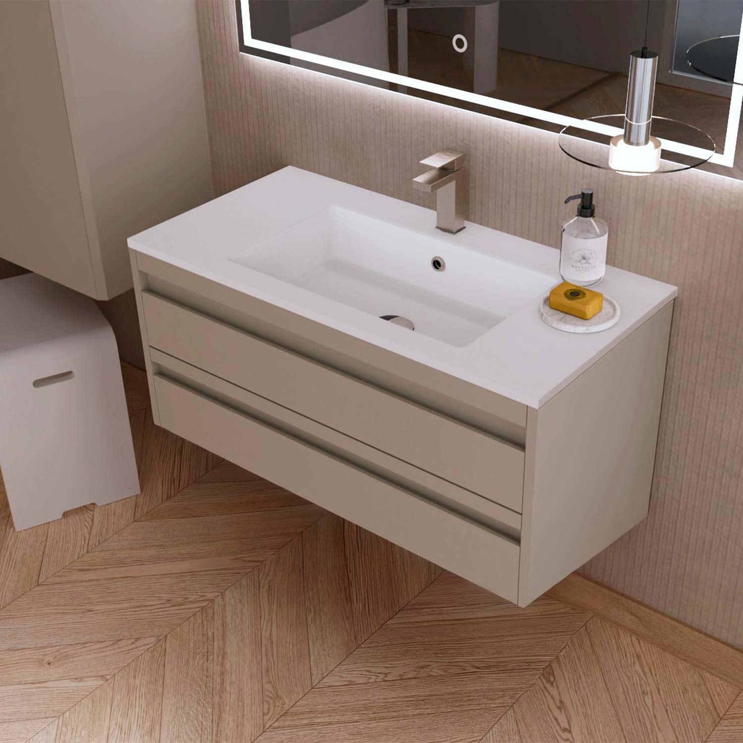 Bathroom vanity with sink and mirror in a modern bathroom setting