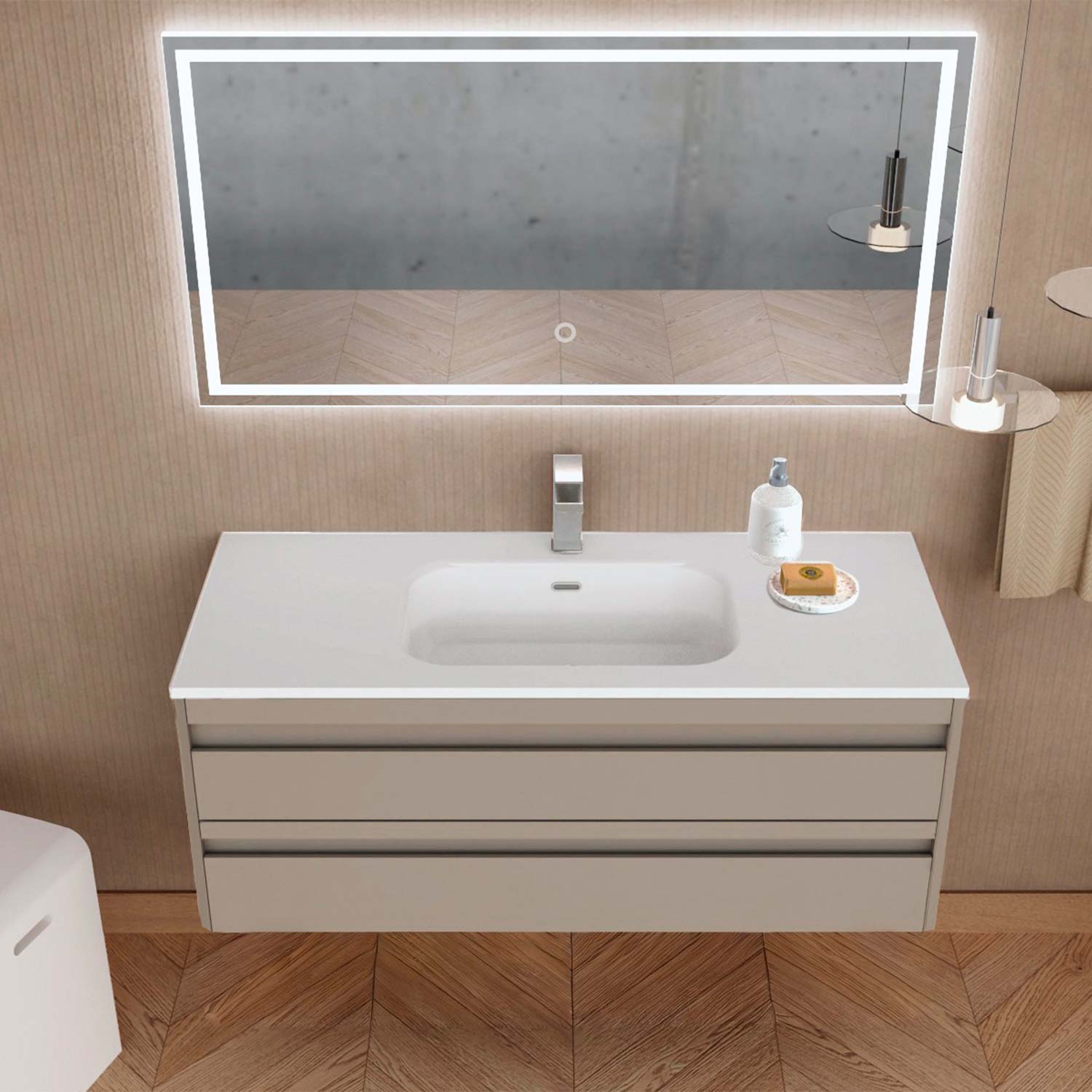Bathroom vanity with sink, mirror, and toiletries on a wooden floor.