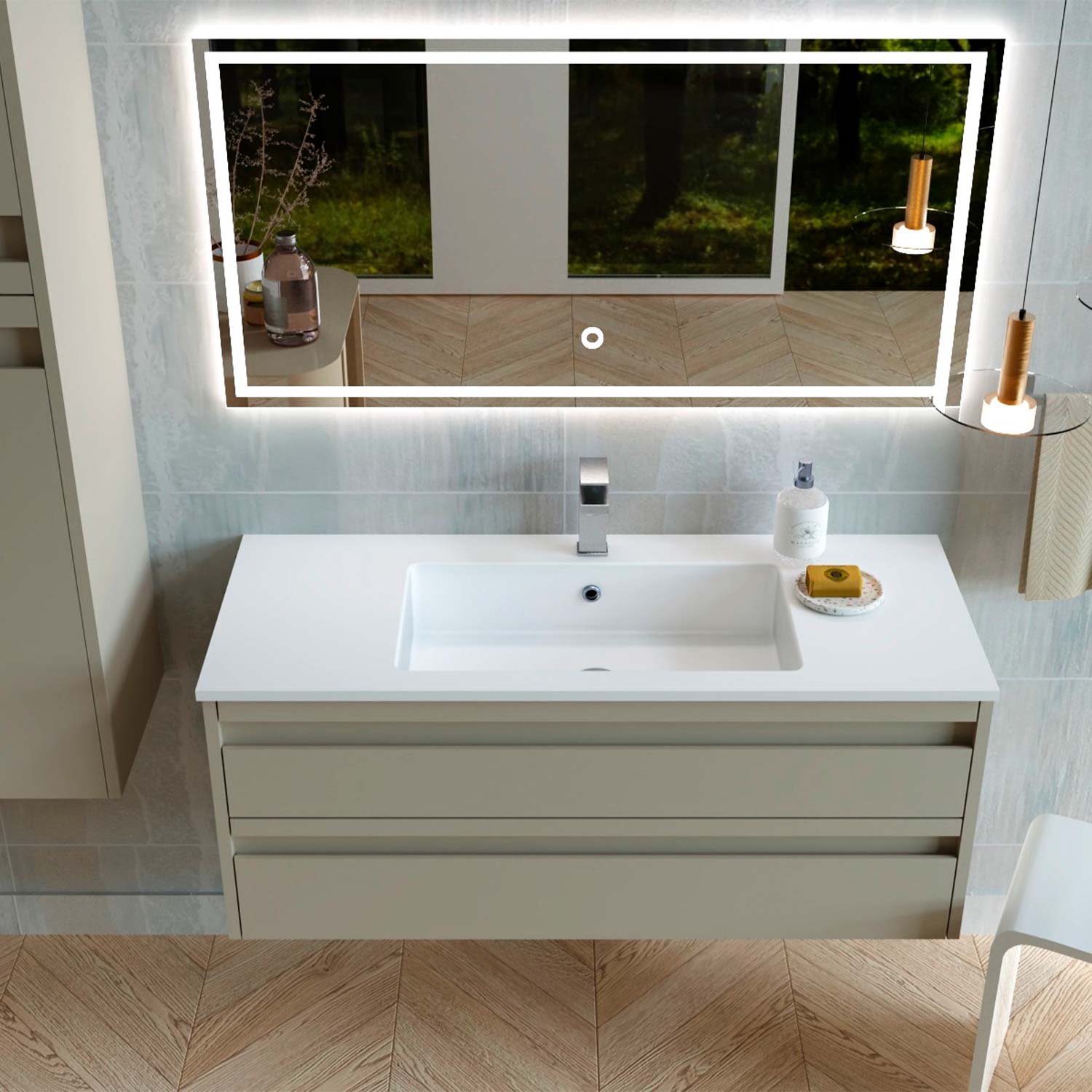 Bathroom vanity with sink and mirror in a modern bathroom setting