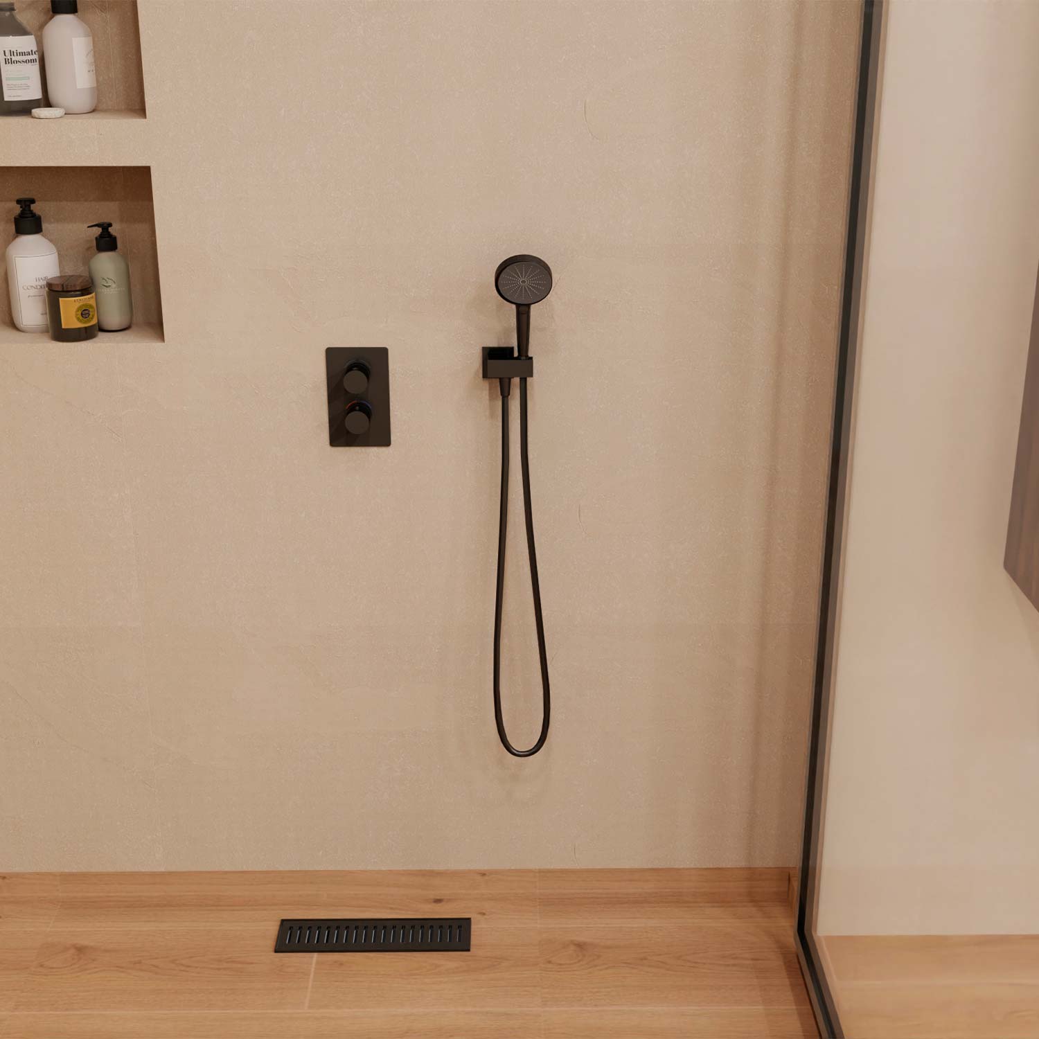 Ambient shower system with Matt black drain system 12 inches 