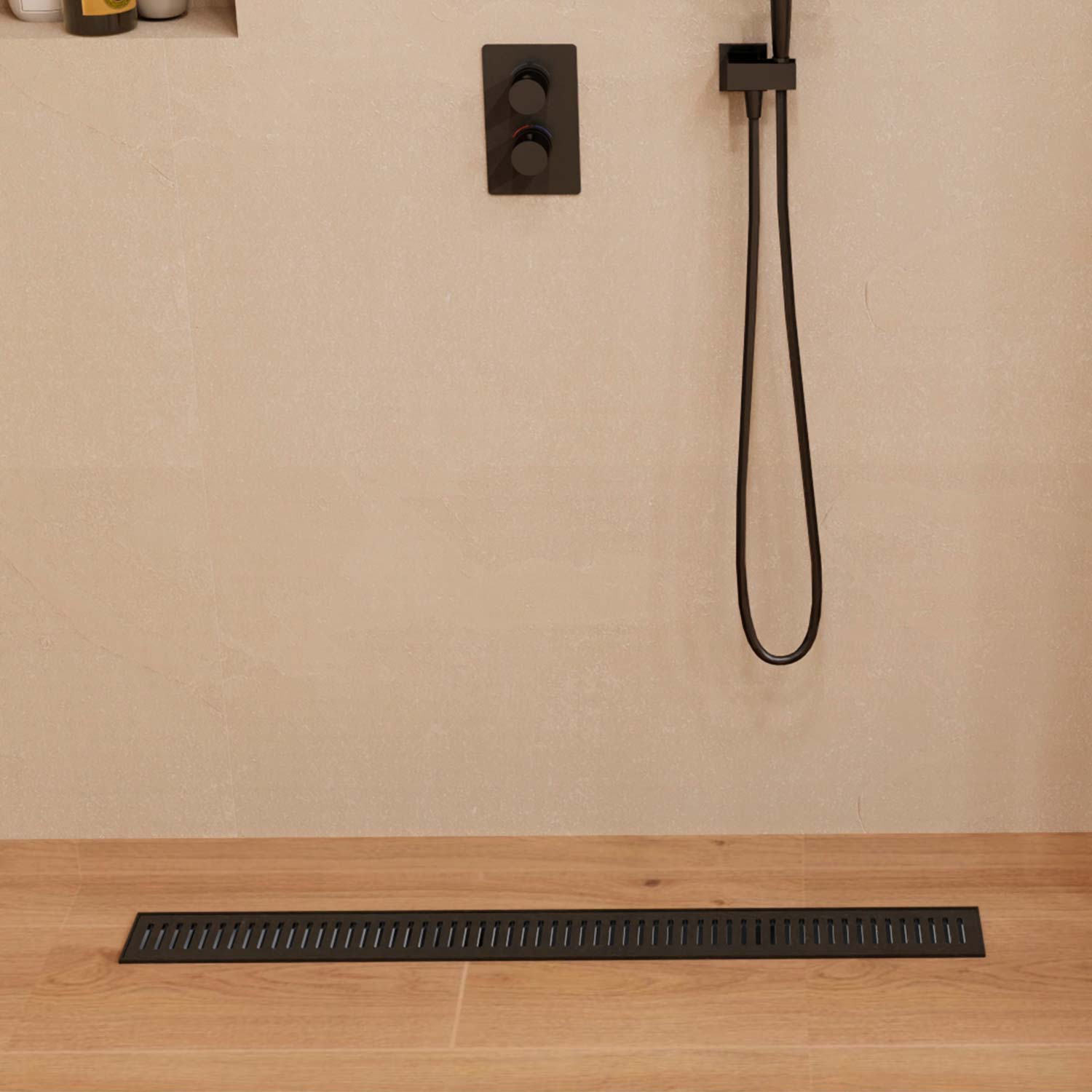 Black shower head and control panel mounted on a beige wall with a wooden floor.