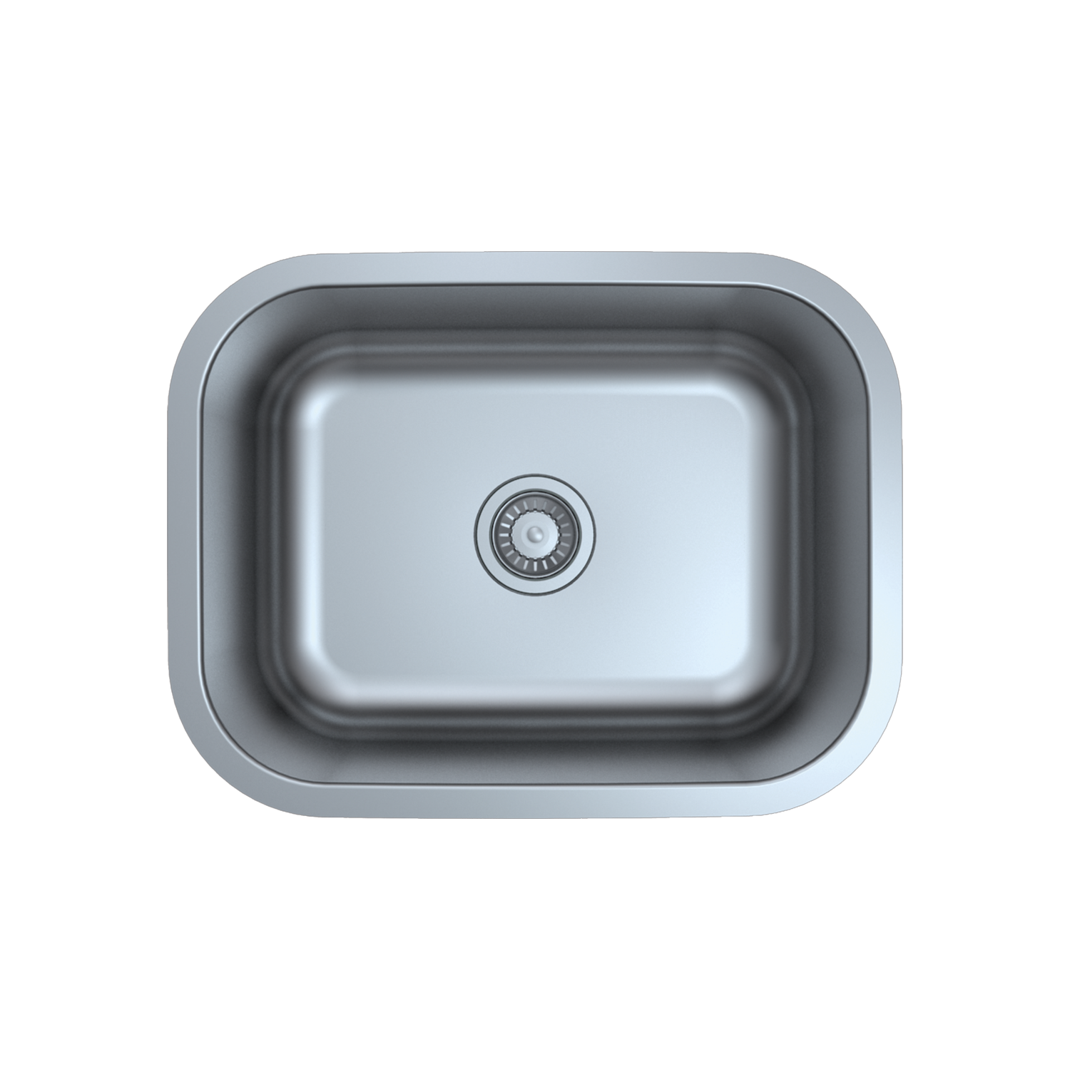 A single bowl stainless steel undermount kitchen sink with a central drain hole.