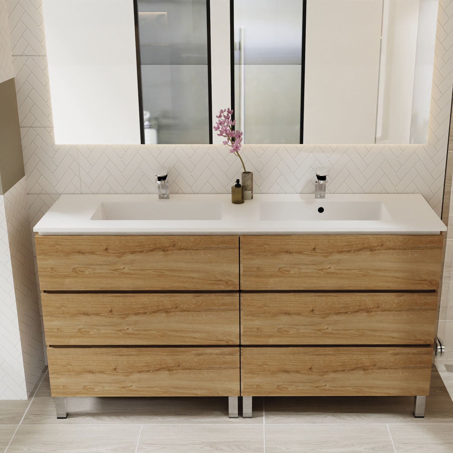 DAX Costa Double Vanity Cabinet 64 Inches Oak w/Matt White Toscana Basin (DAX-COS026414-M)