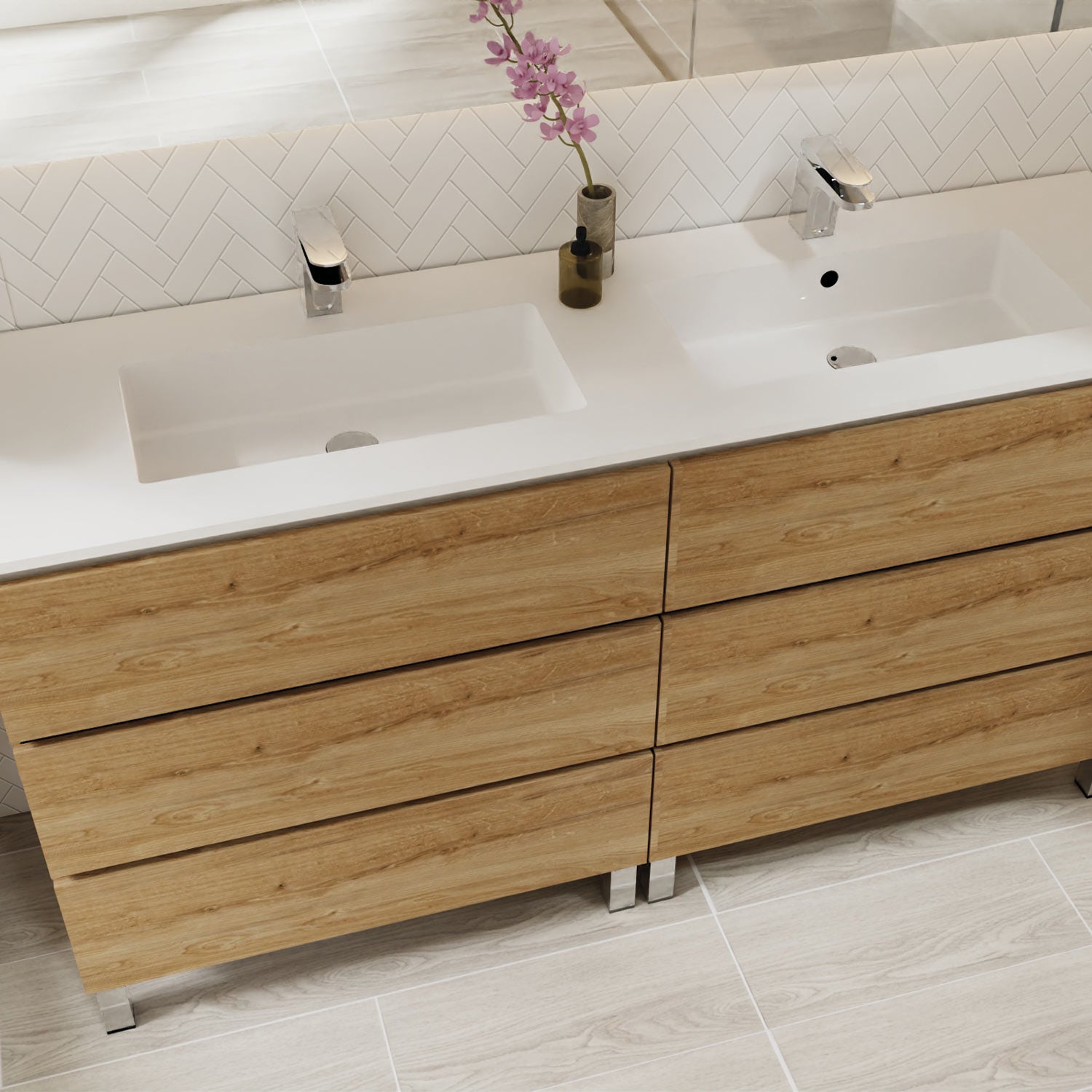 DAX Costa Double Vanity Cabinet 64 Inches Oak w/Matt White Toscana Basin (DAX-COS026414-M)
