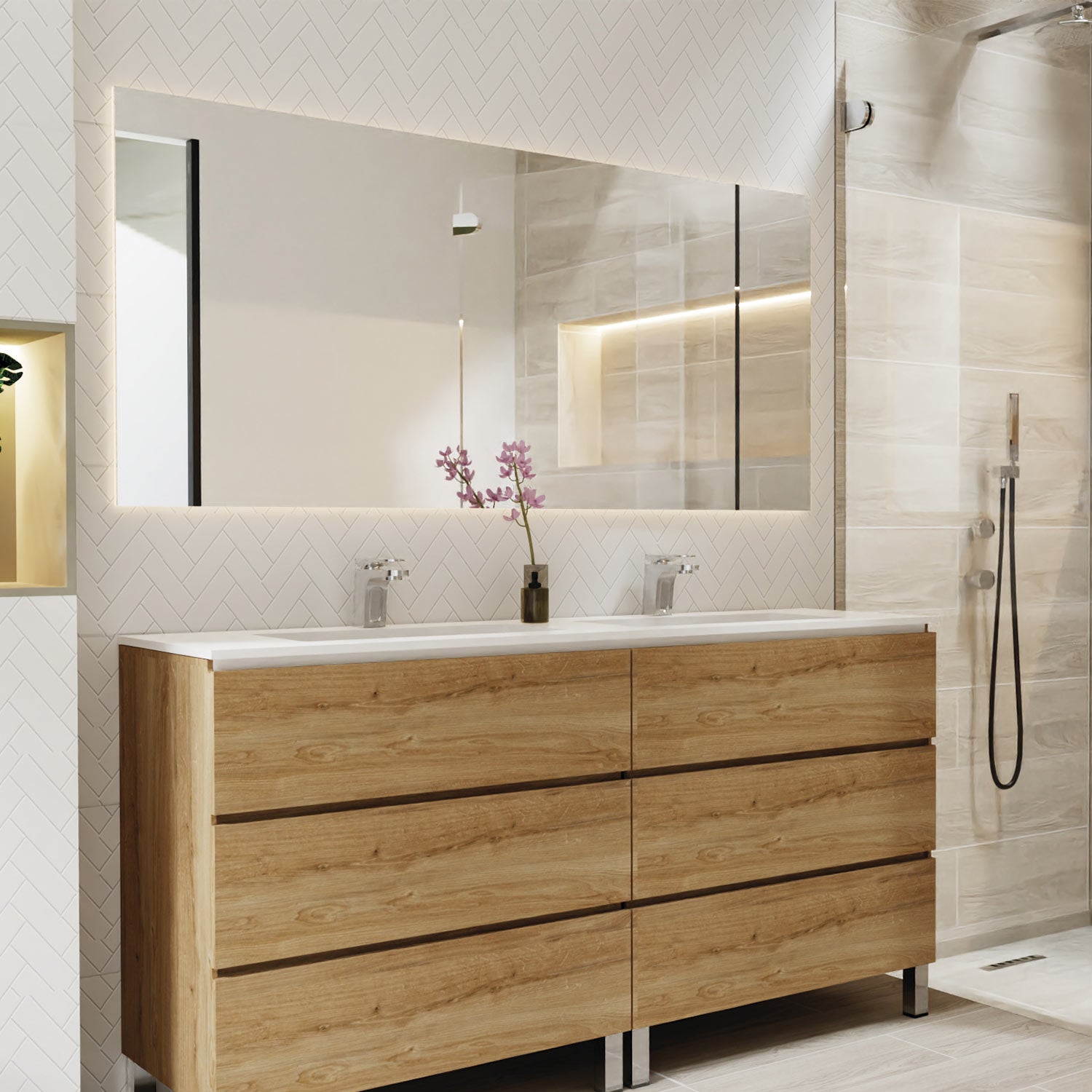 DAX Costa Double Vanity Cabinet 64 Inches Oak w/Matt White Toscana Basin (DAX-COS026414-M)