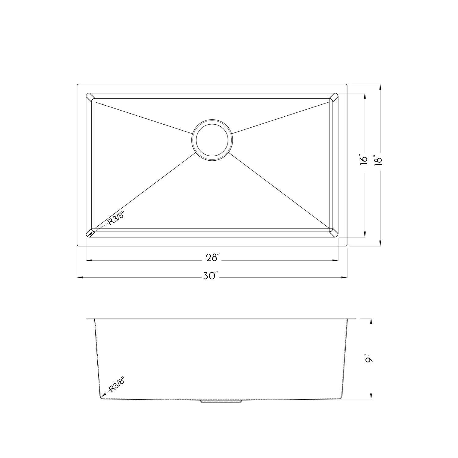 DAX Single Bowl Undermount Kitchen Sink 30" x 18" - R10 - 18G.  No Accessories Included (DX-T3018-R10-X)