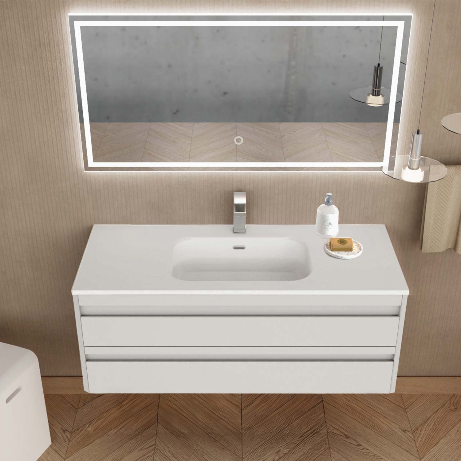 Bathroom vanity with sink and mirror in a modern bathroom setting
